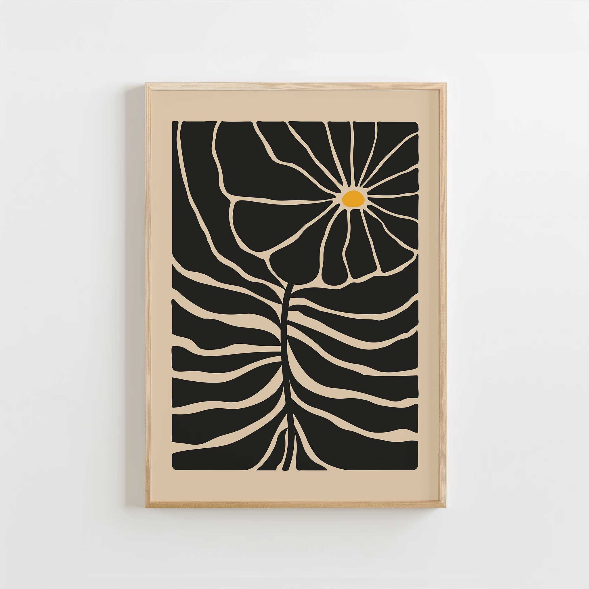 Graphic floral art with a single bright bloom and radiating lines, a minimalist print titled 'Solar Bloom'.