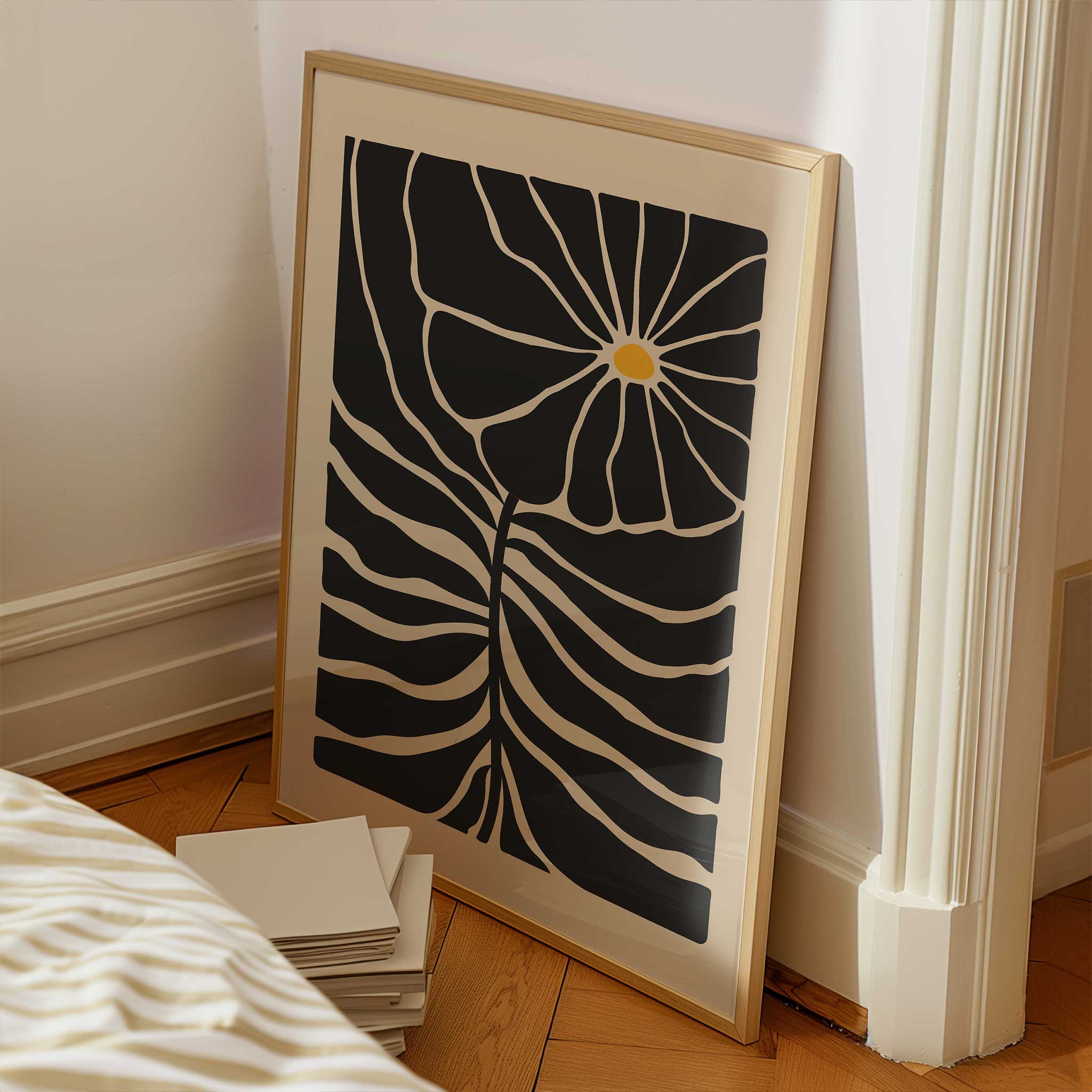 Graphic floral art with a single bright bloom and radiating lines, a minimalist print titled 'Solar Bloom'.