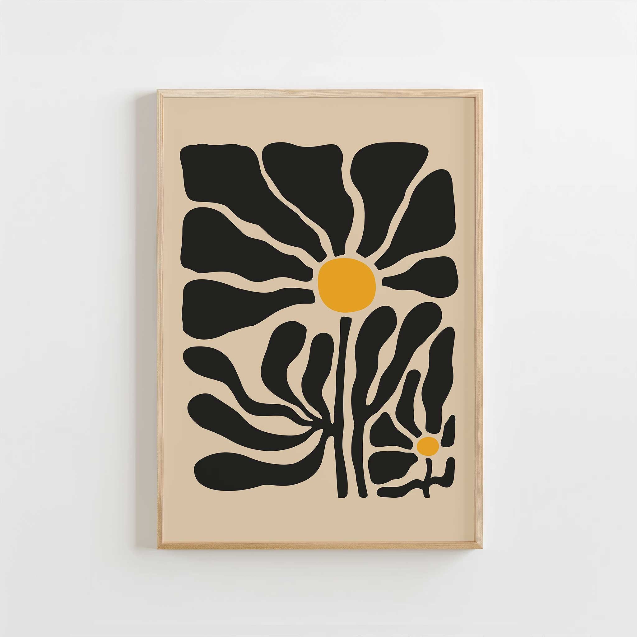 Modern abstract art of two daisy-like blooms with bold petals and golden centers, titled 'Twin Bloom'.