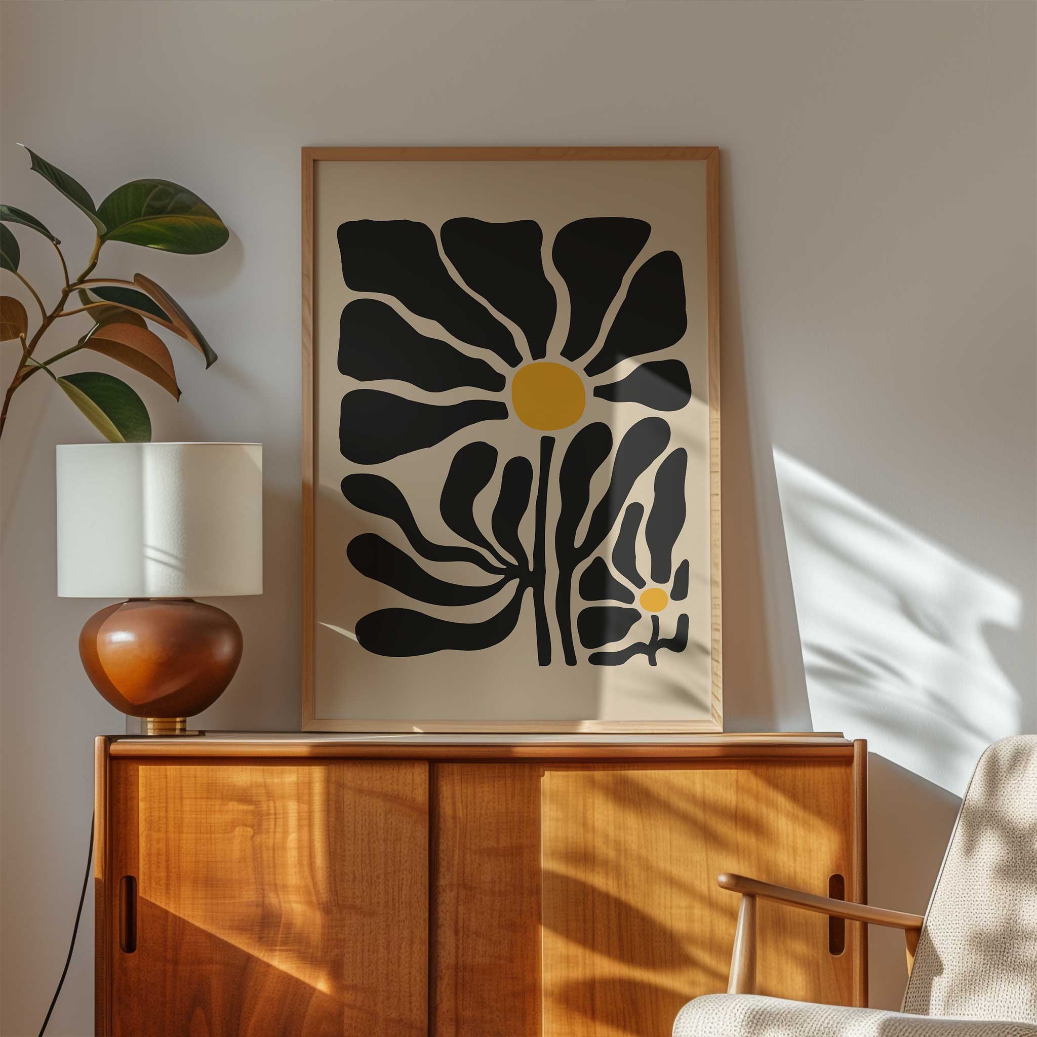 Modern abstract art of two daisy-like blooms with bold petals and golden centers, titled 'Twin Bloom'.