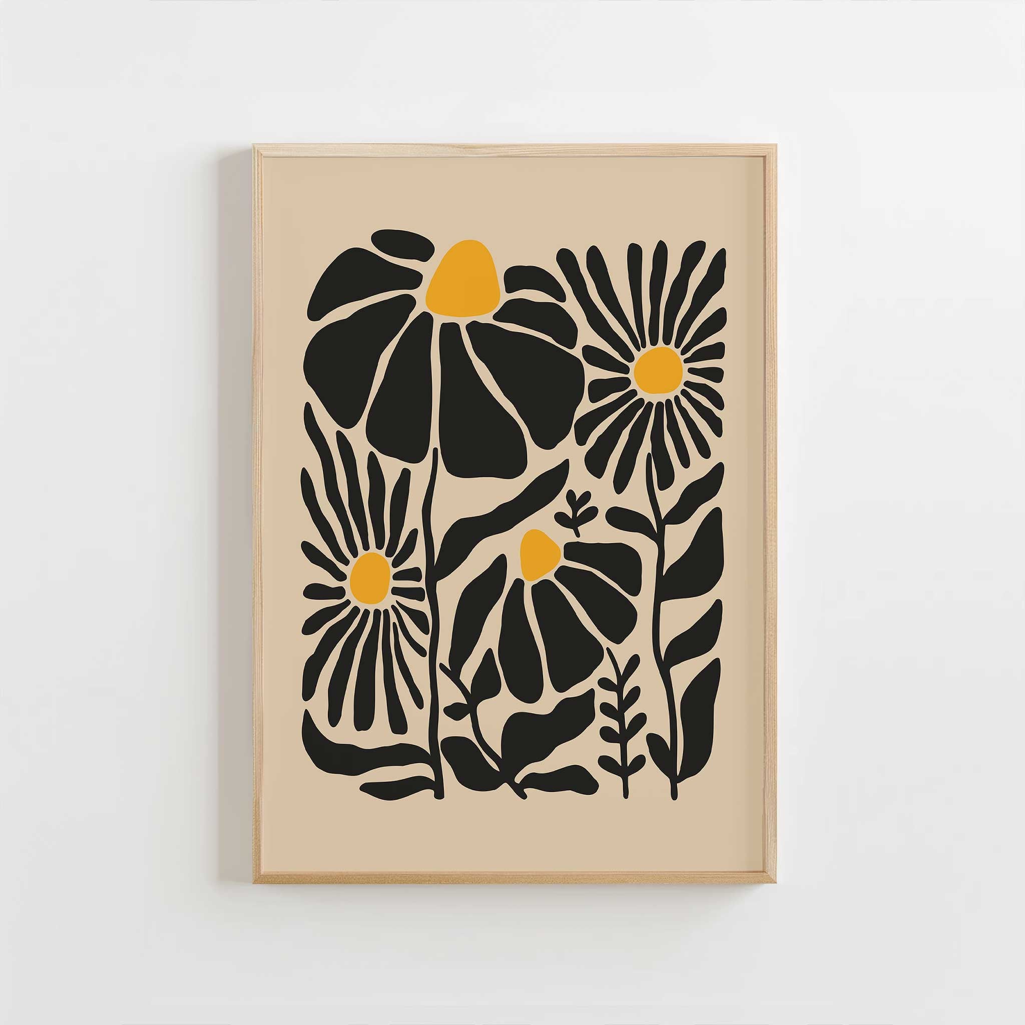 A whimsical and cheerful print of wildflowers with glowing centers and playful stems, titled 'Sunny Garden'.