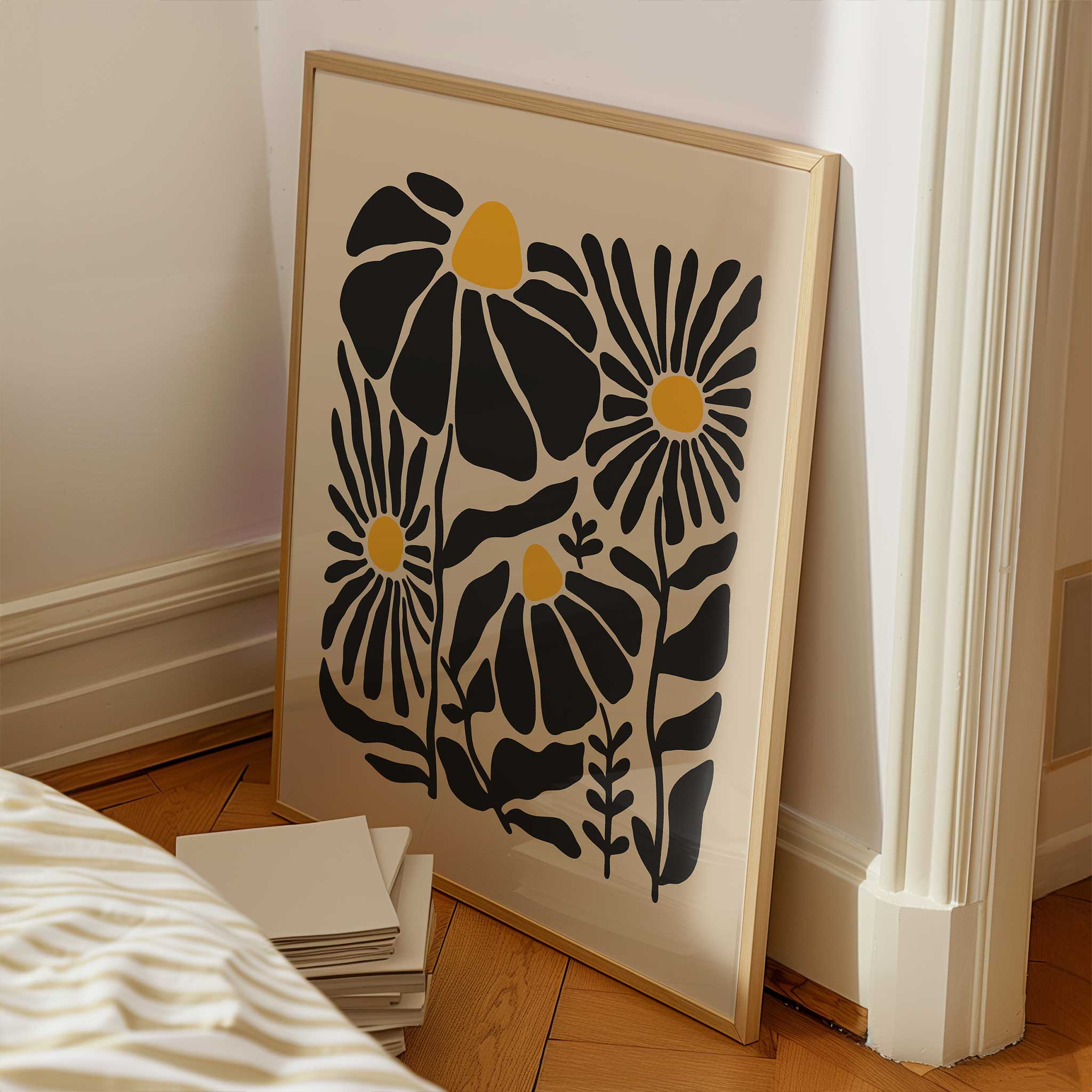A whimsical and cheerful print of wildflowers with glowing centers and playful stems, titled 'Sunny Garden'.