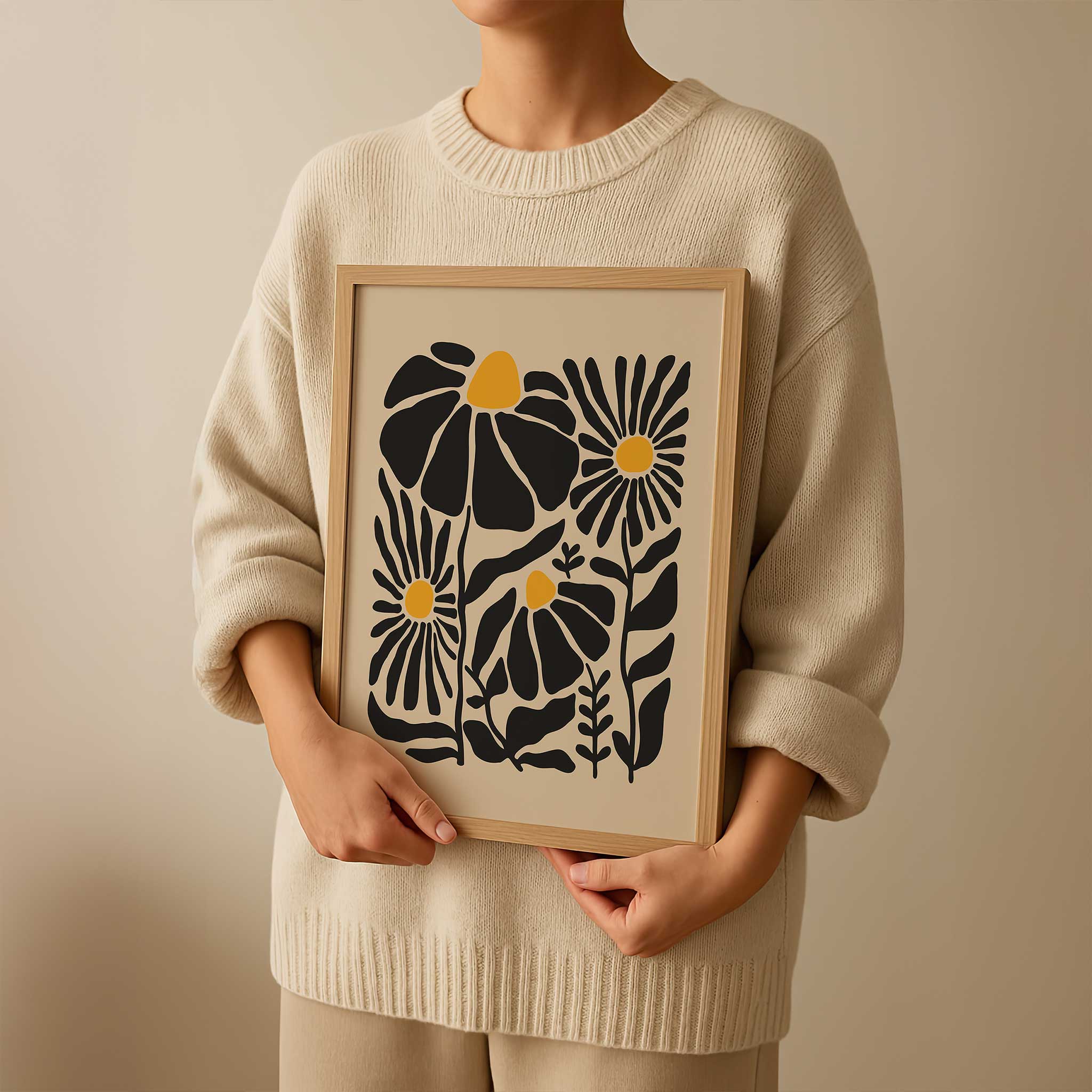 A whimsical and cheerful print of wildflowers with glowing centers and playful stems, titled 'Sunny Garden'.