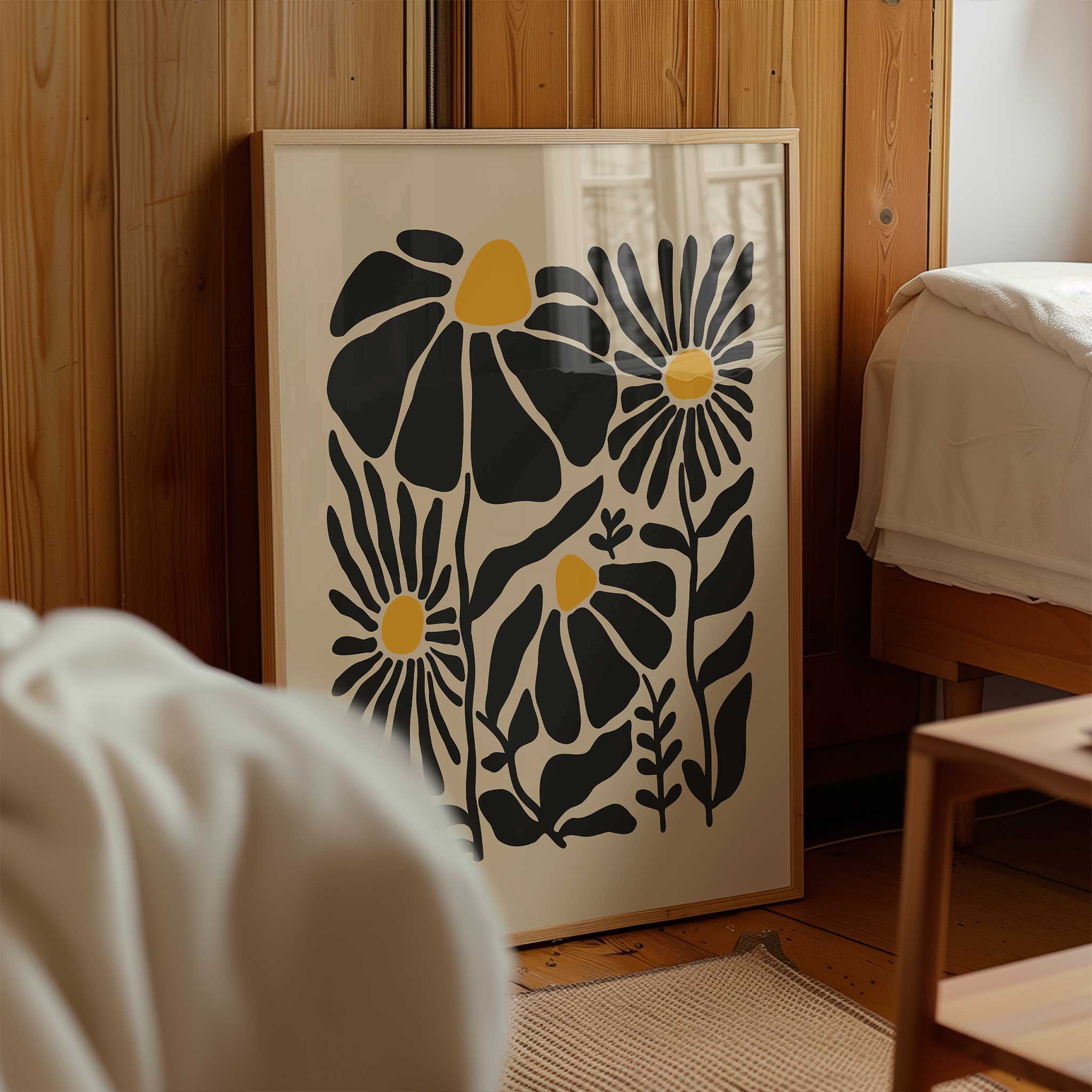 A whimsical and cheerful print of wildflowers with glowing centers and playful stems, titled 'Sunny Garden'.