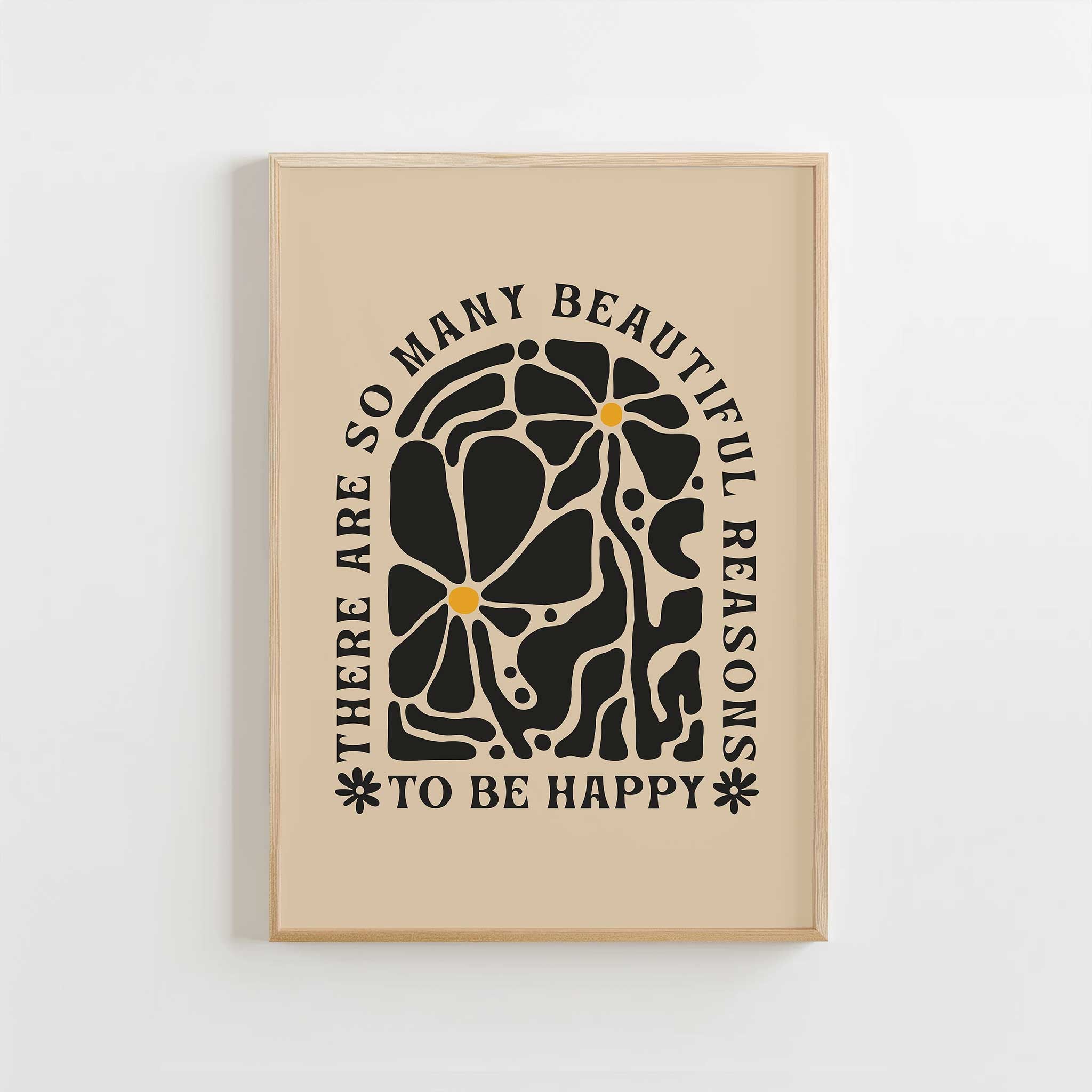 Uplifting floral quote print with retro lettering saying 'So Many Reasons to be Happy'.