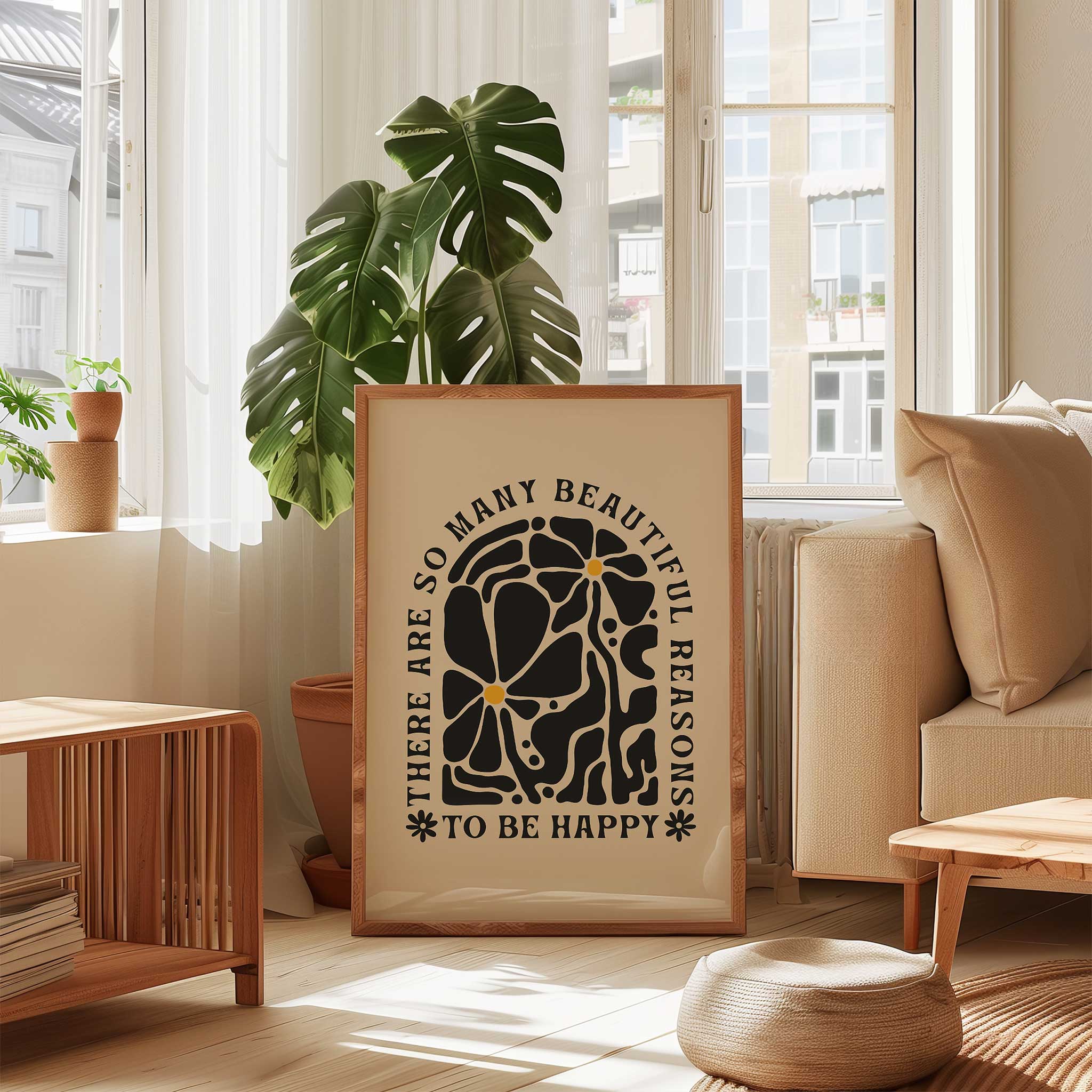 Uplifting floral quote print with retro lettering saying 'So Many Reasons to be Happy'.