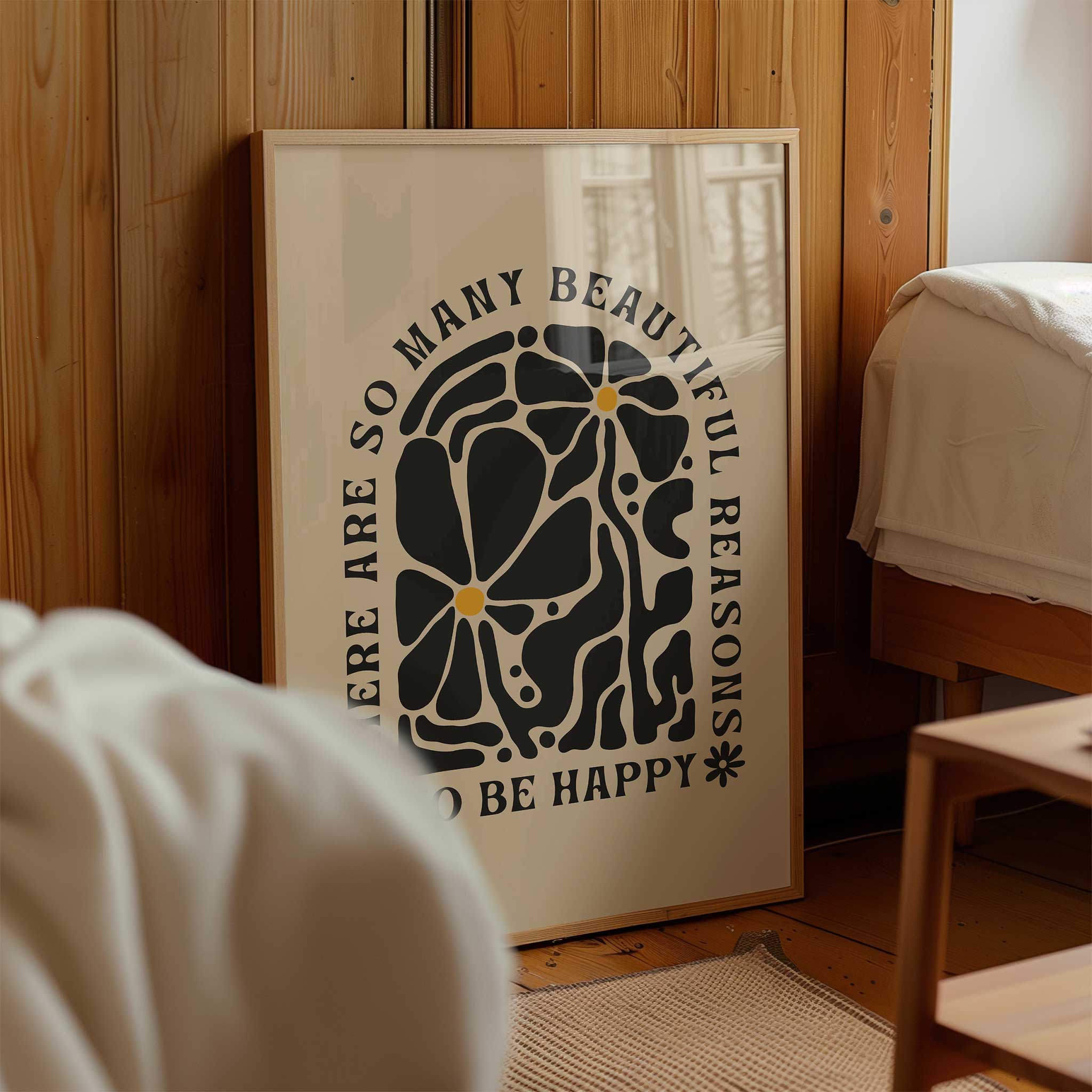 Uplifting floral quote print with retro lettering saying 'So Many Reasons to be Happy'.