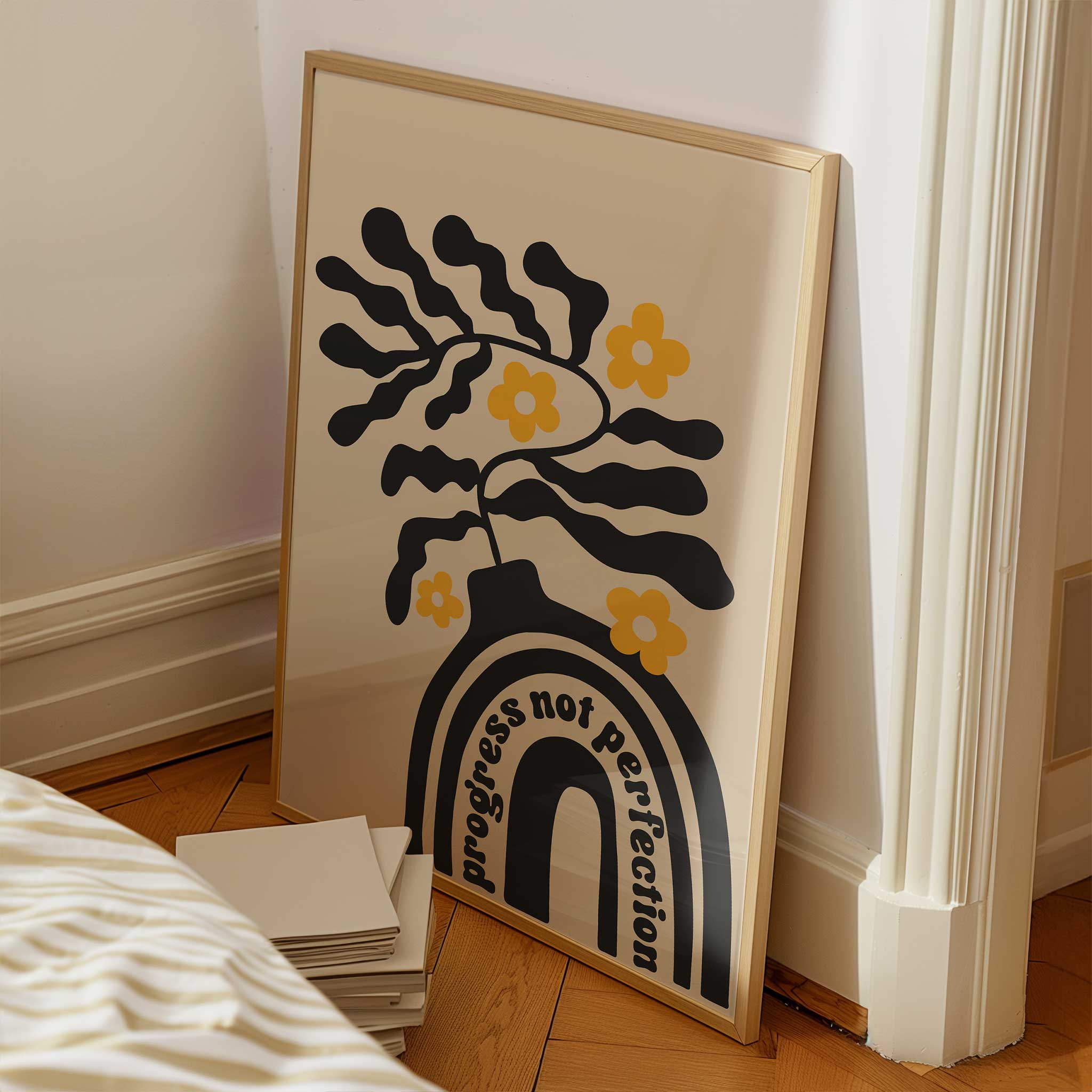 Motivational art print with a retro vase and florals, and the quote 'Progress Not Perfection'.