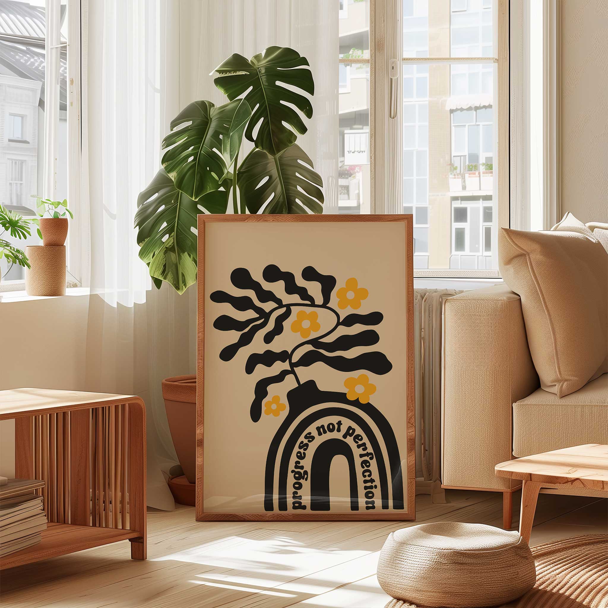 Motivational art print with a retro vase and florals, and the quote 'Progress Not Perfection'.