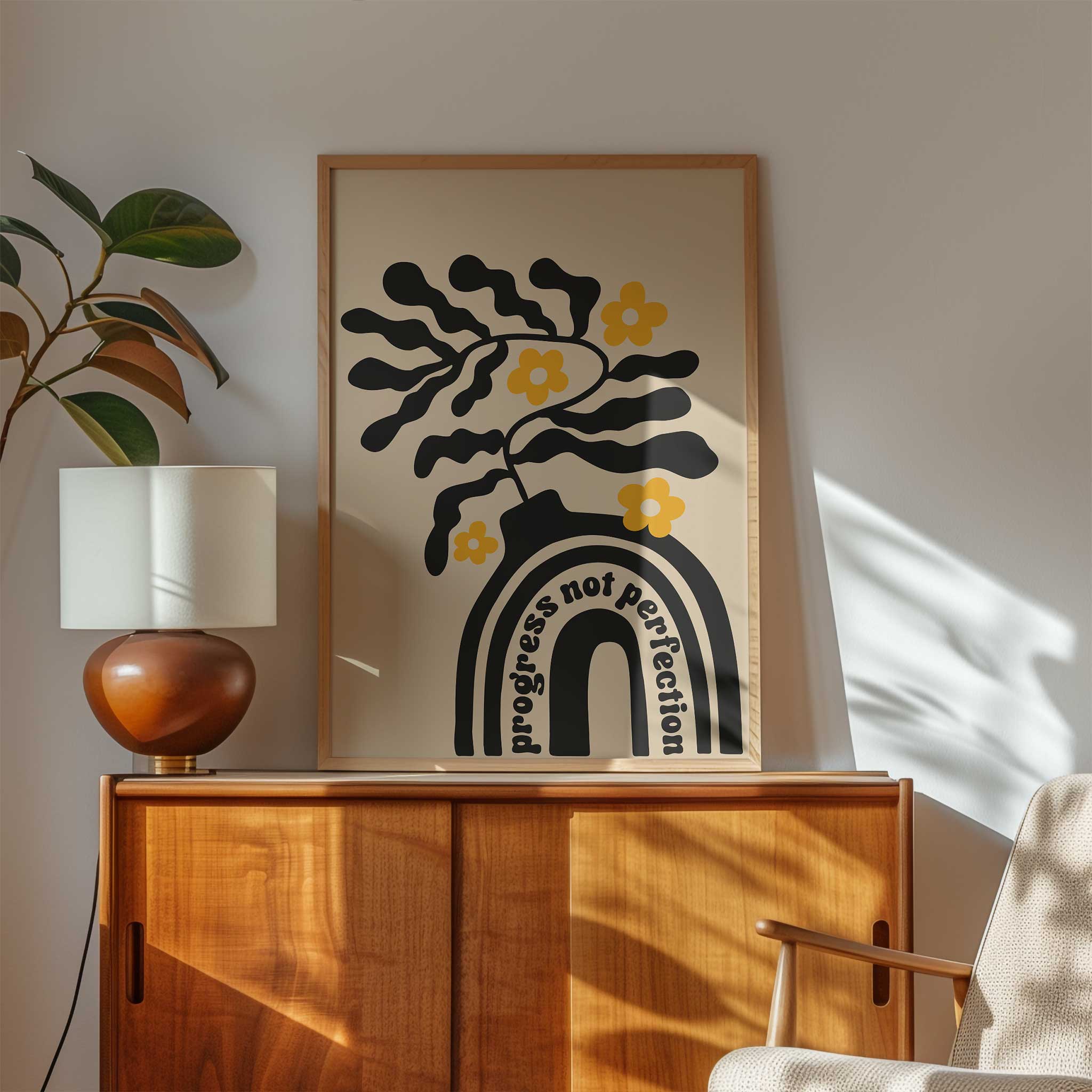 Motivational art print with a retro vase and florals, and the quote 'Progress Not Perfection'.