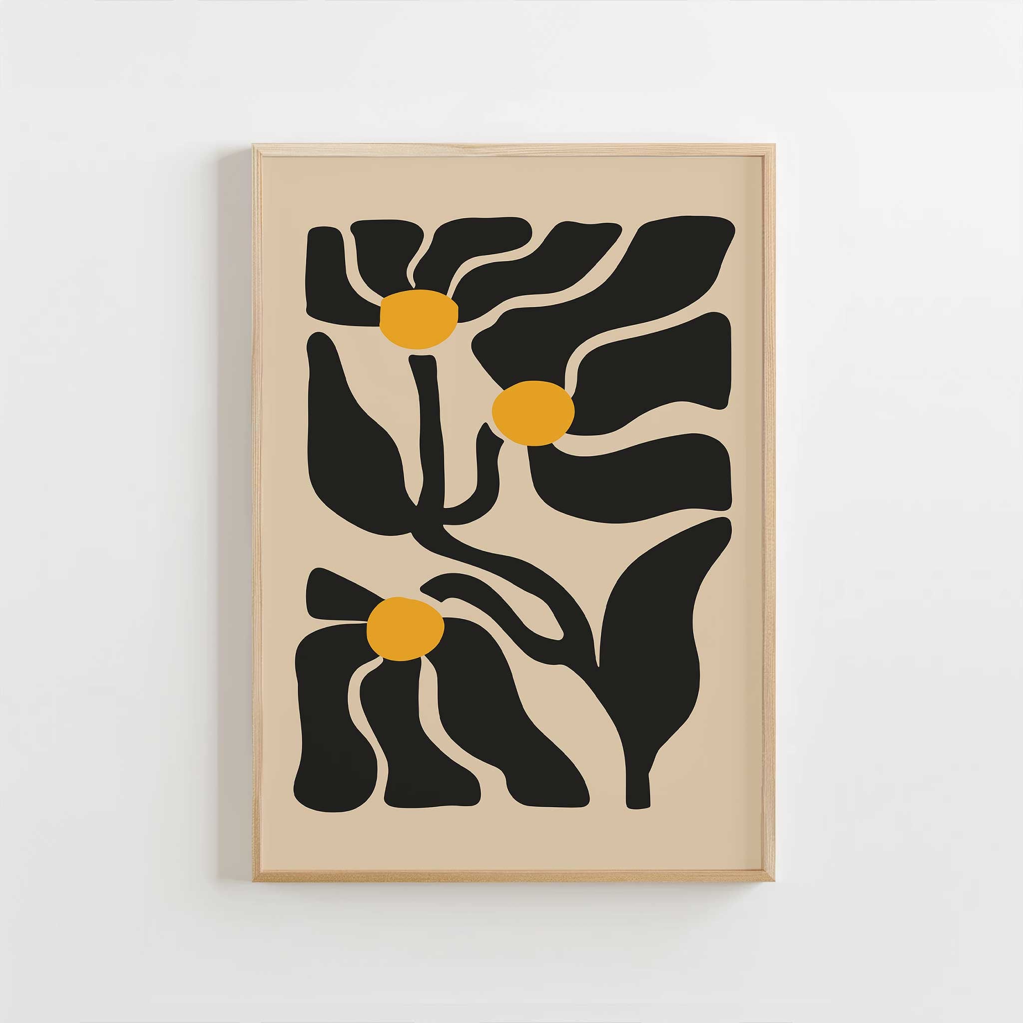 An expressive minimalist print of three abstract golden floral blossoms on flowing stems.