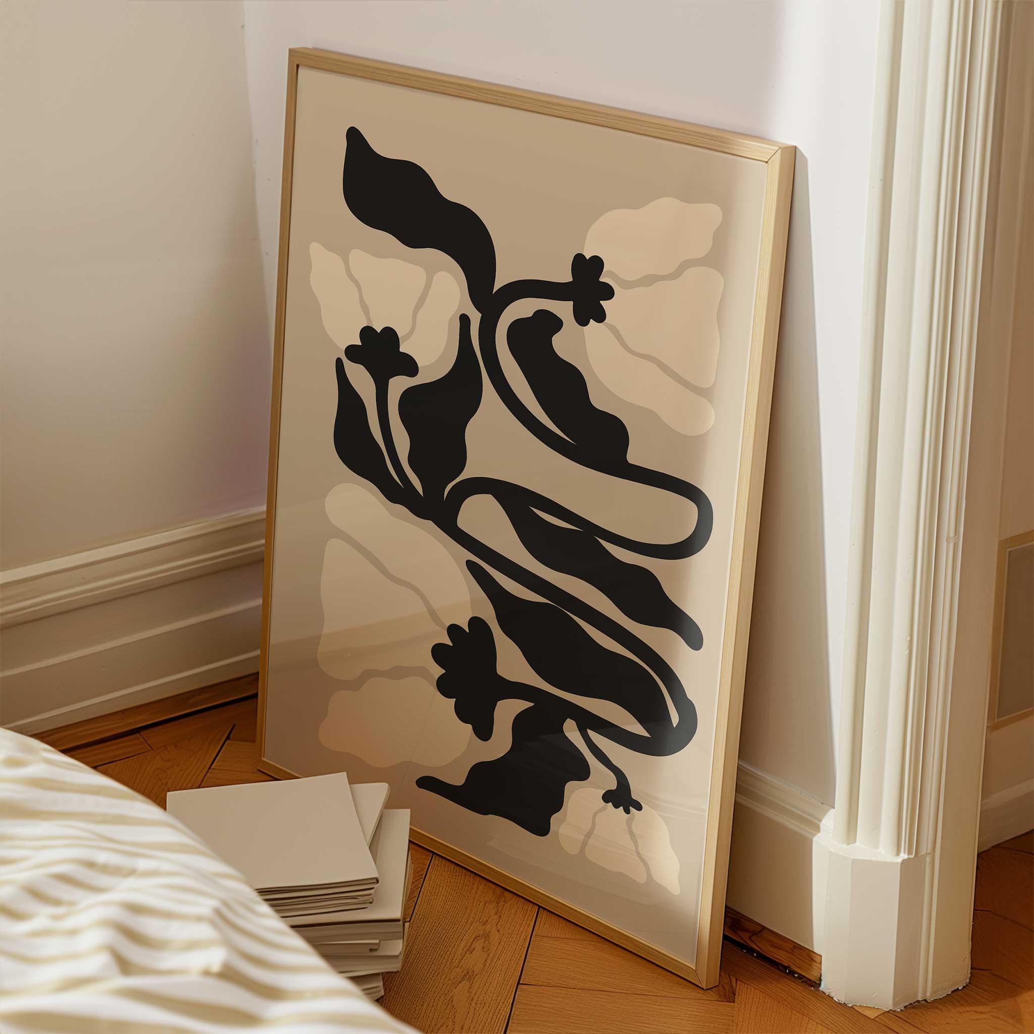 A graceful botanical print with winding stems and soft petals in muted, neutral tones.