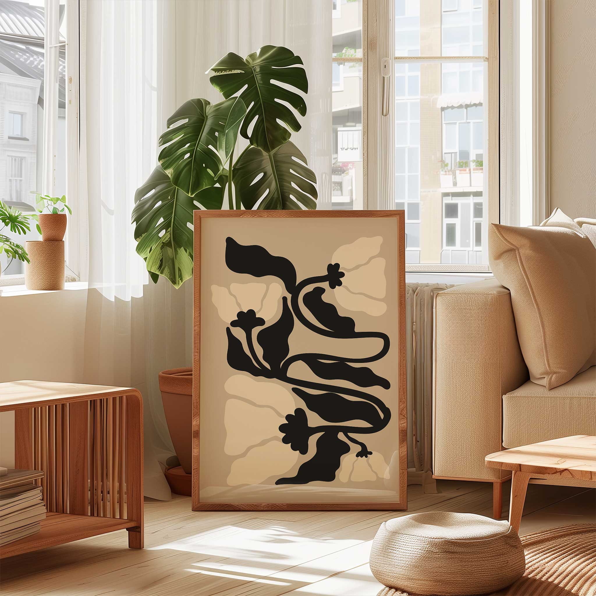 A graceful botanical print with winding stems and soft petals in muted, neutral tones.