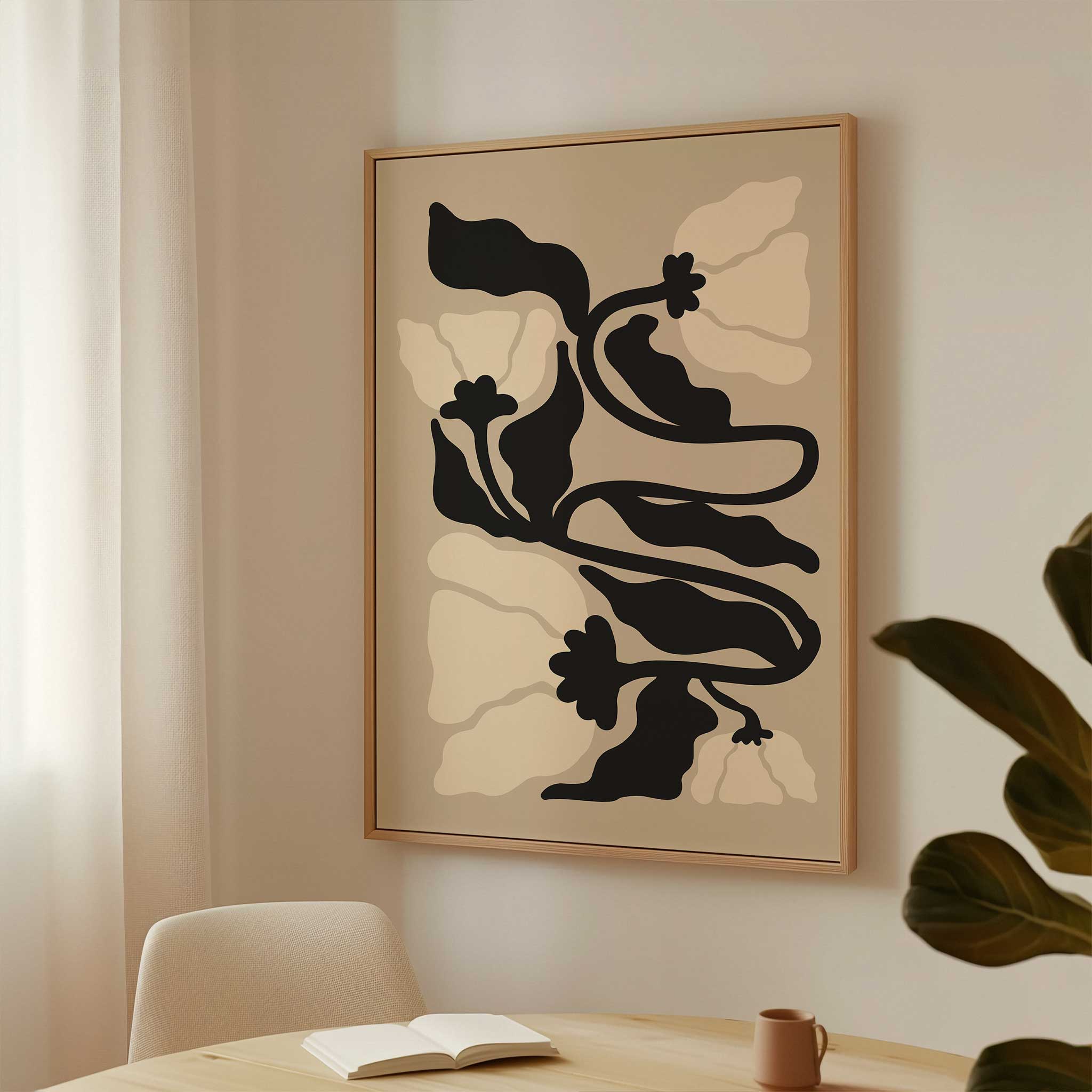 A graceful botanical print with winding stems and soft petals in muted, neutral tones.