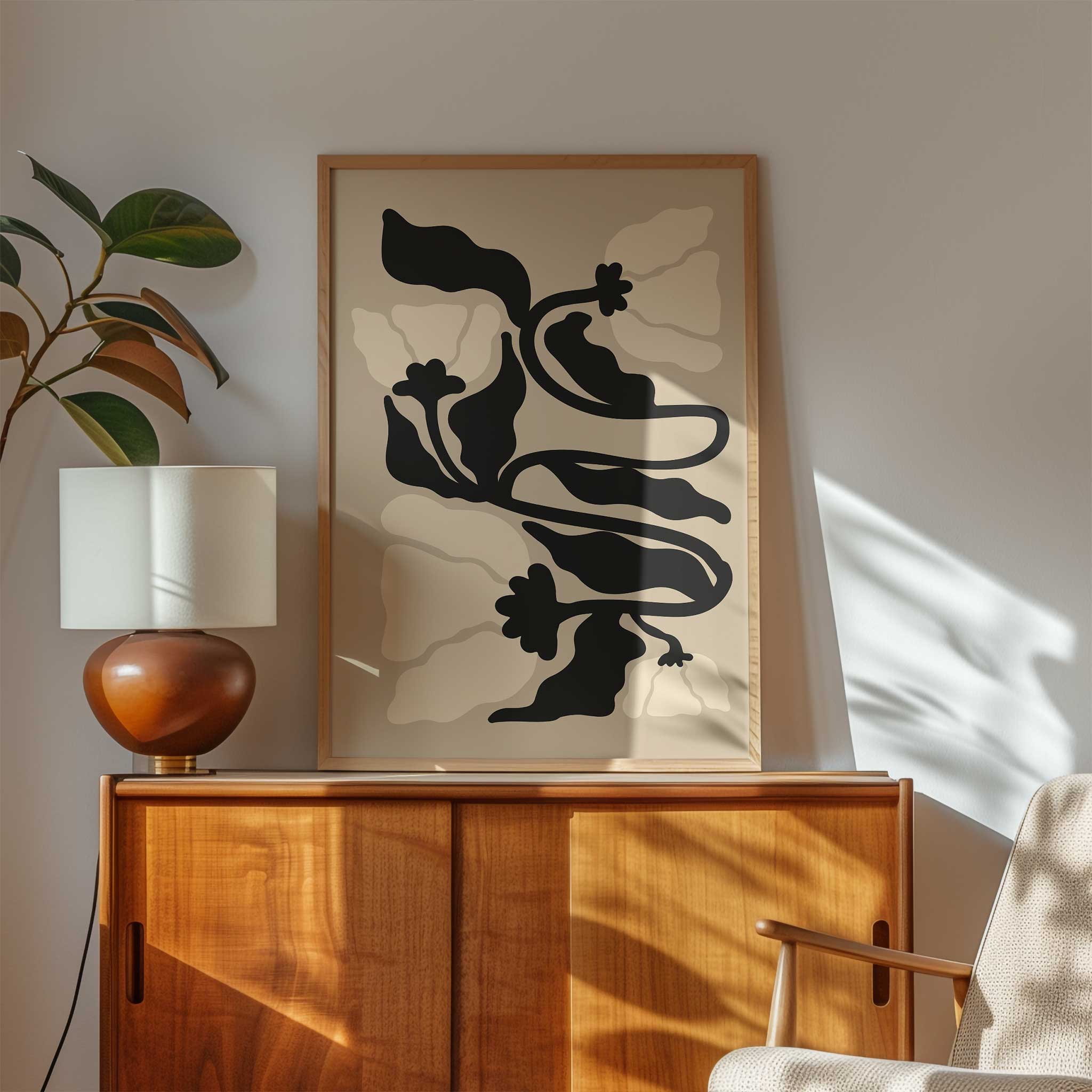 A graceful botanical print with winding stems and soft petals in muted, neutral tones.