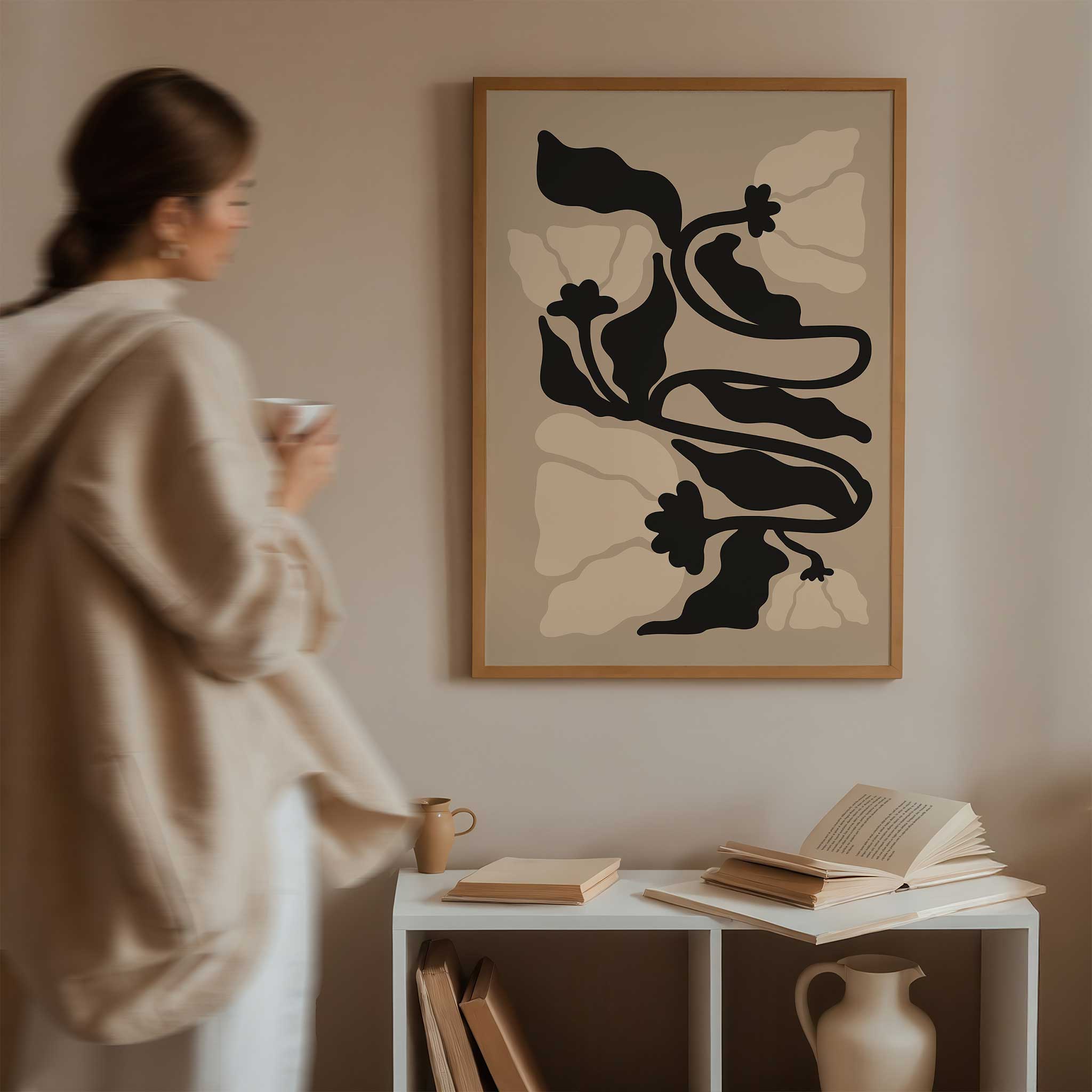 A graceful botanical print with winding stems and soft petals in muted, neutral tones.