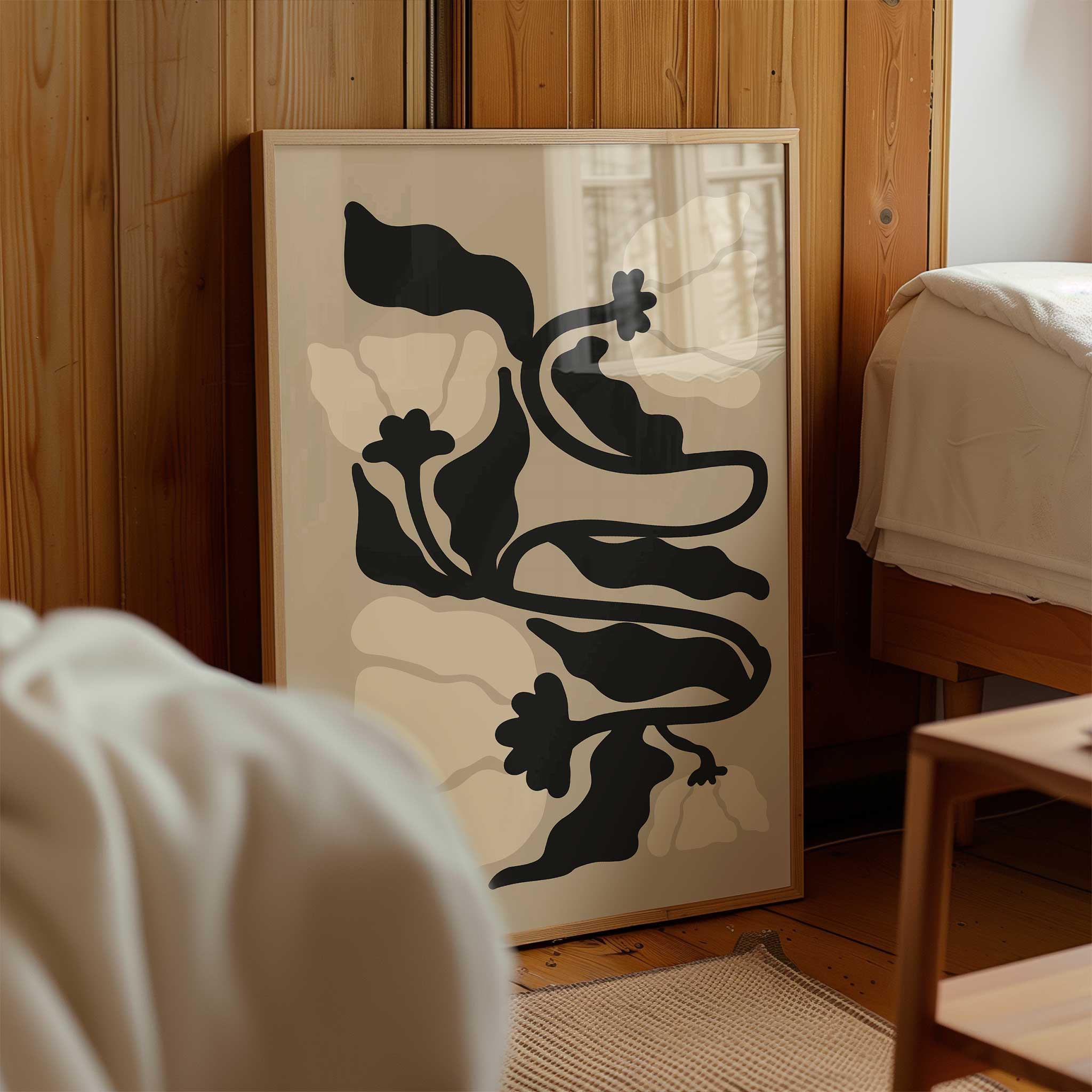 A graceful botanical print with winding stems and soft petals in muted, neutral tones.