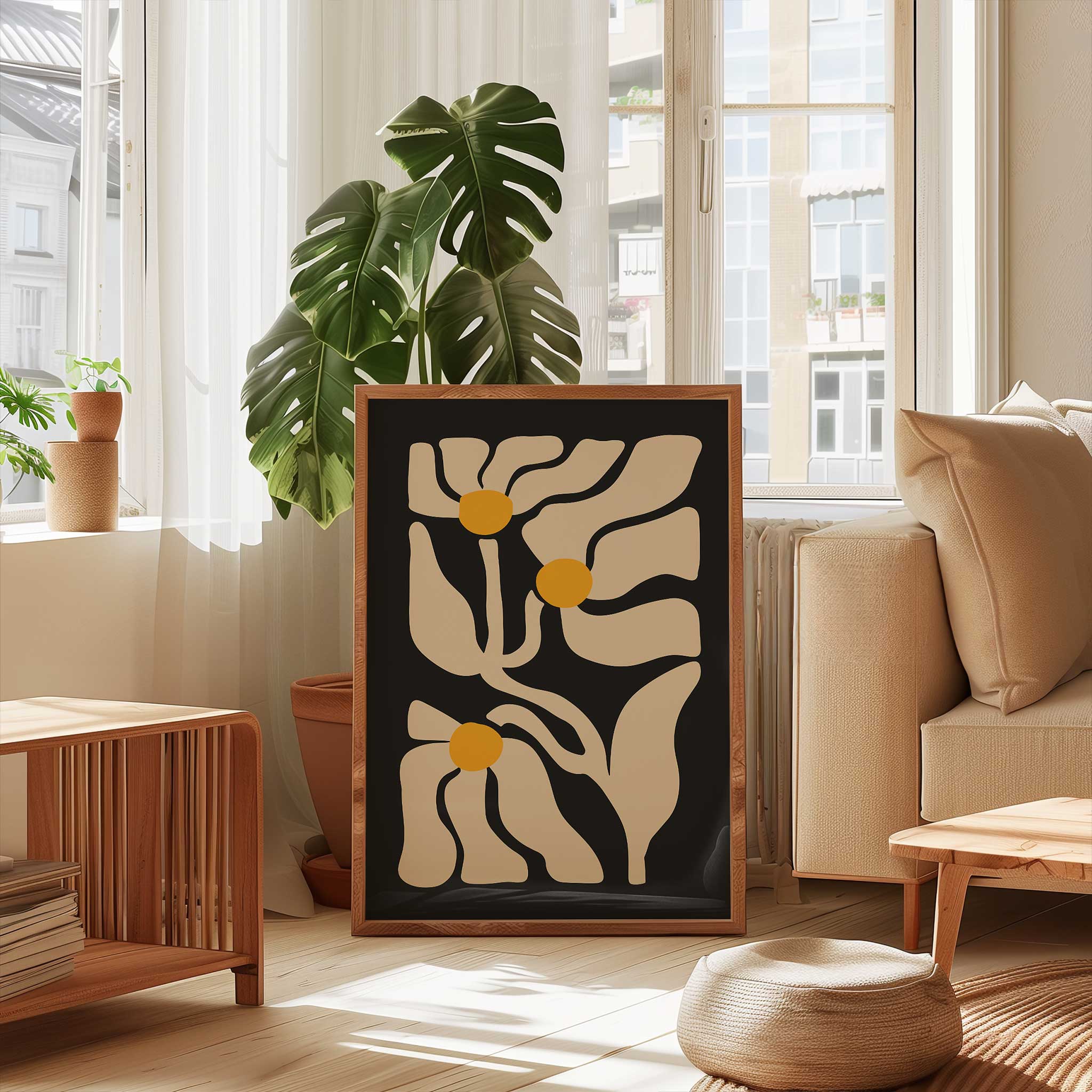 Three abstract golden floral shapes glowing against a deep black background, a high-contrast botanical print.