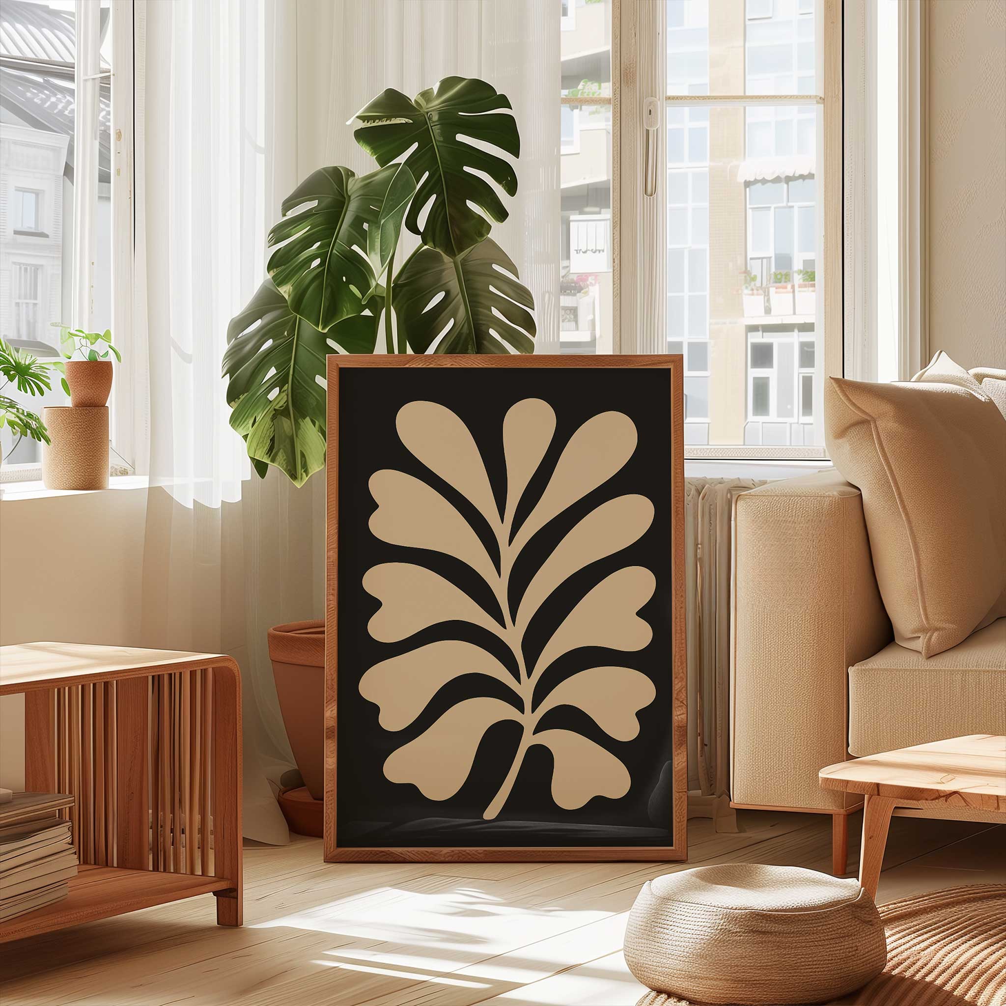 A clean, minimalist silhouette of a light-colored fern against a solid black background.