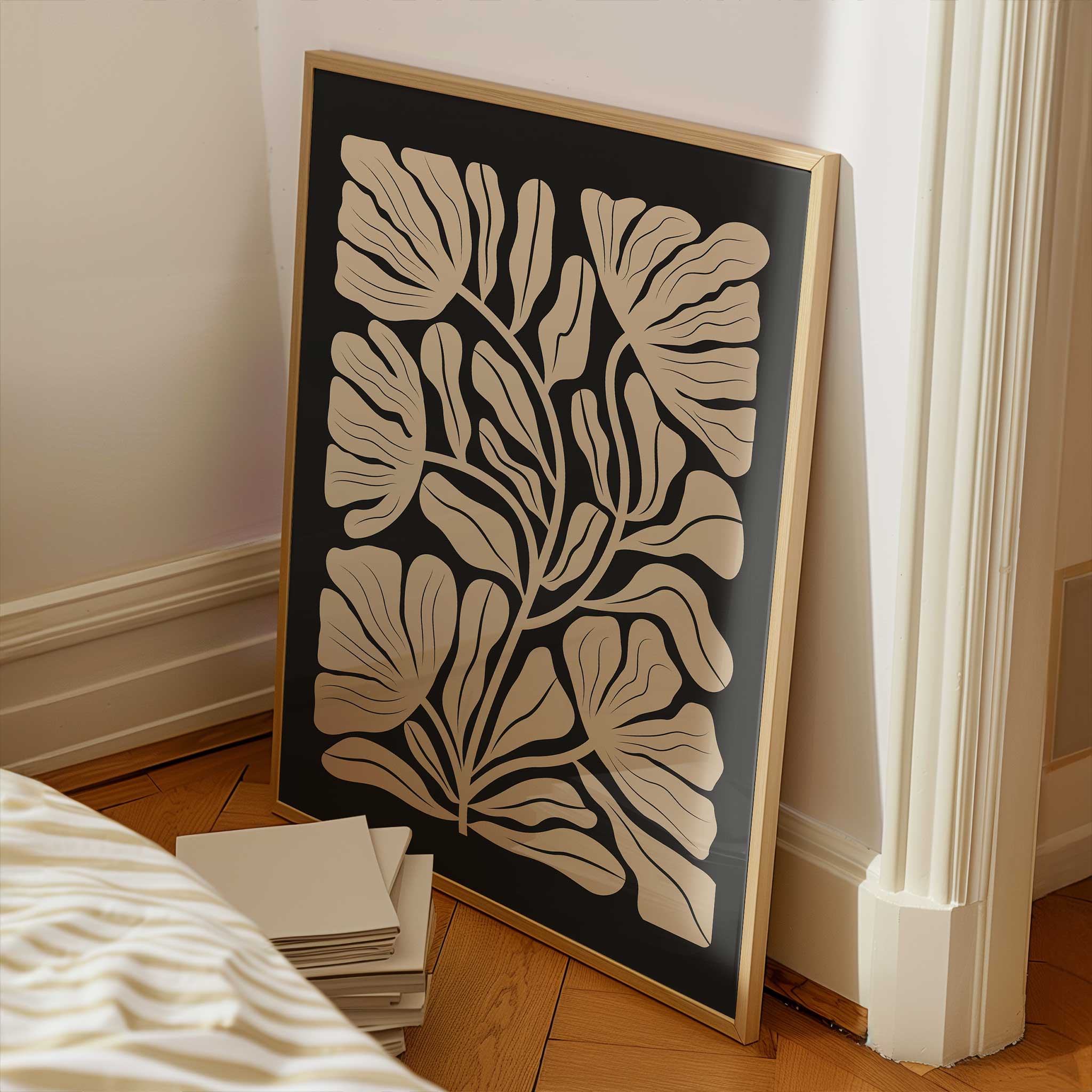 Elegant and delicate floral line art in a light color, contrasting against a solid black background.