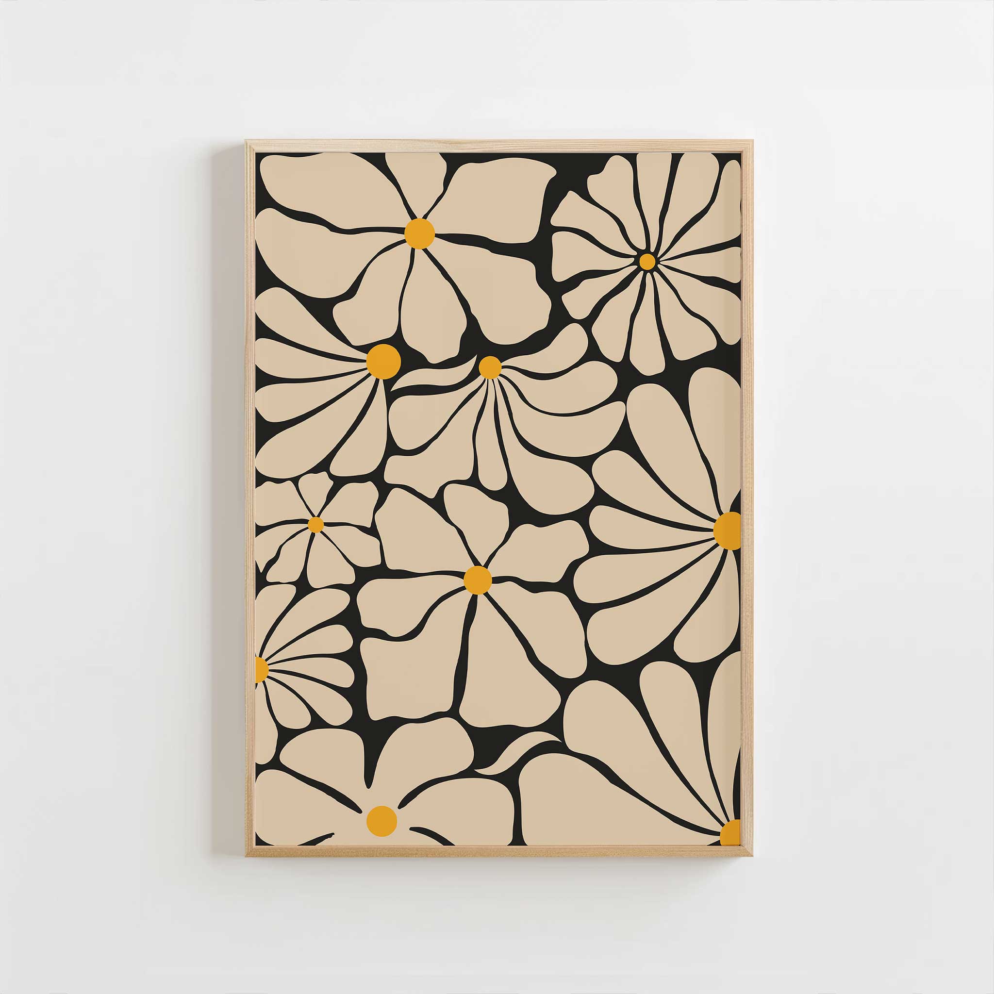 Abstract floral wall art featuring multiple daisy-like blooms with golden centers, titled 'Sunburst Blooms'.