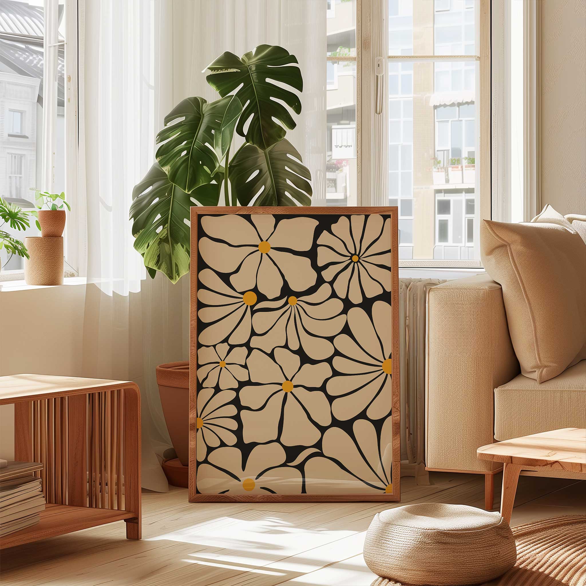 Abstract floral wall art featuring multiple daisy-like blooms with golden centers, titled 'Sunburst Blooms'.