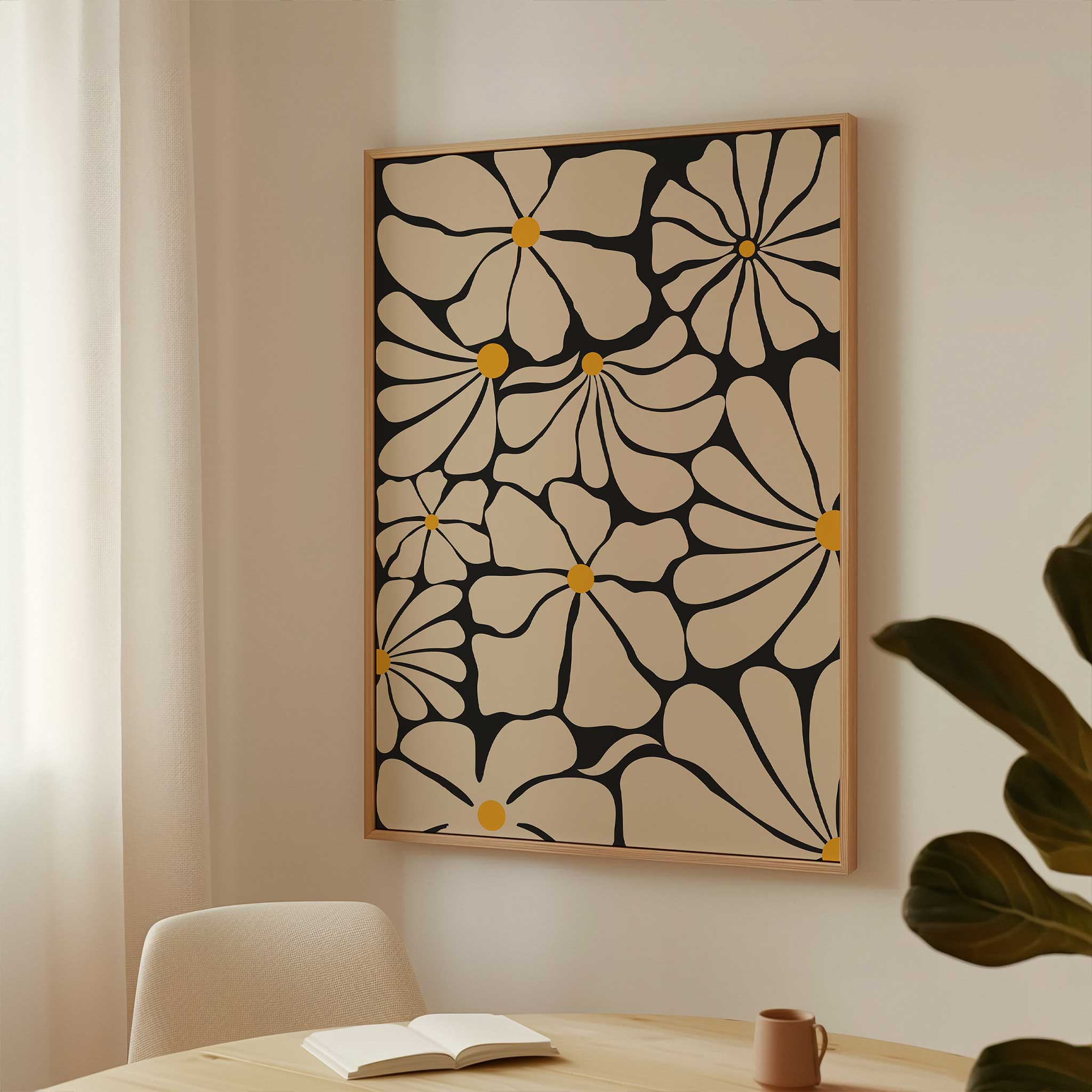 Abstract floral wall art featuring multiple daisy-like blooms with golden centers, titled 'Sunburst Blooms'.