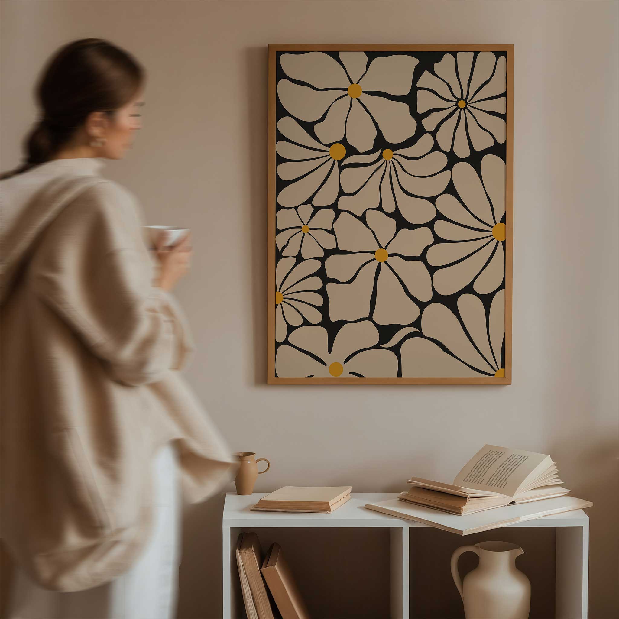 Abstract floral wall art featuring multiple daisy-like blooms with golden centers, titled 'Sunburst Blooms'.
