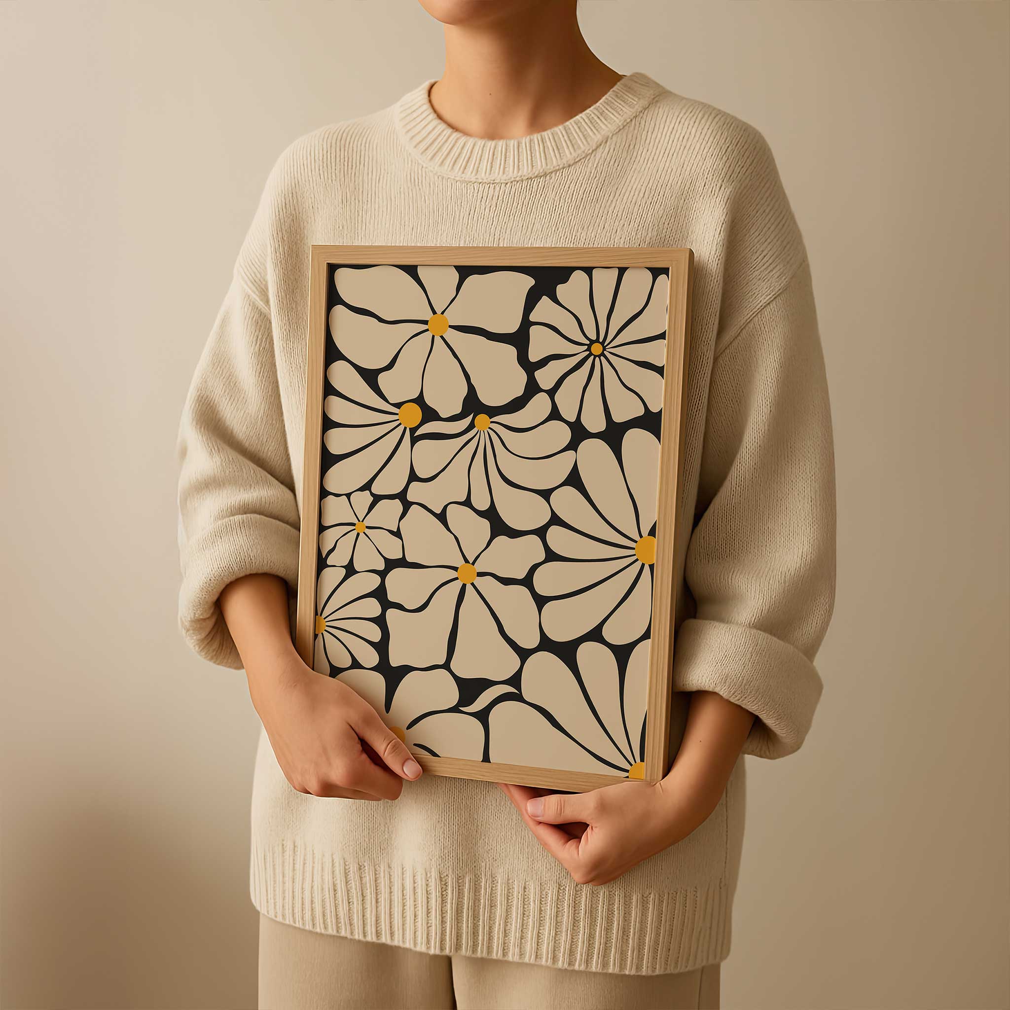 Abstract floral wall art featuring multiple daisy-like blooms with golden centers, titled 'Sunburst Blooms'.