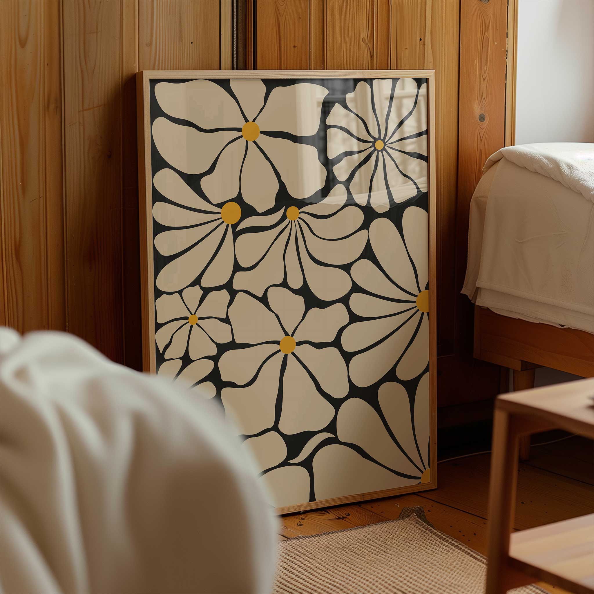 Abstract floral wall art featuring multiple daisy-like blooms with golden centers, titled 'Sunburst Blooms'.