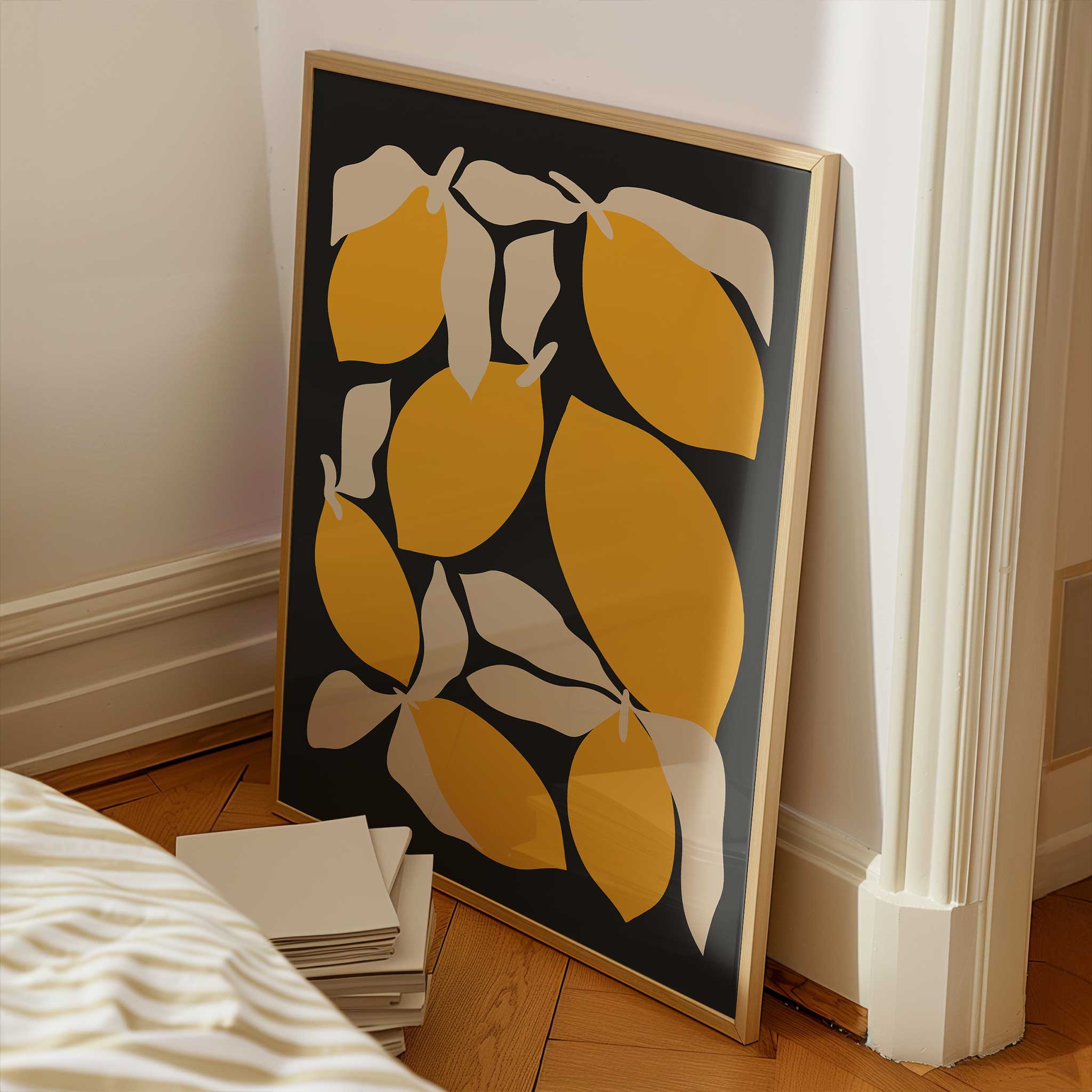 A playful and modern pattern of bold lemons and leaves, cheerful wall decor for a kitchen.