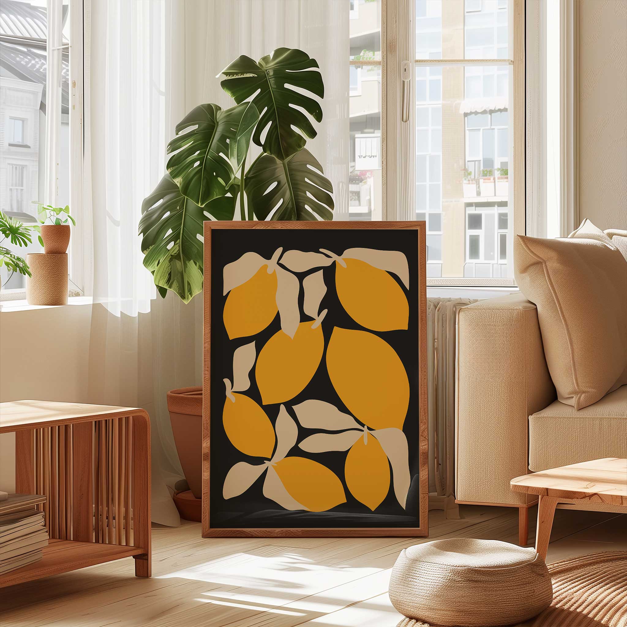 A playful and modern pattern of bold lemons and leaves, cheerful wall decor for a kitchen.