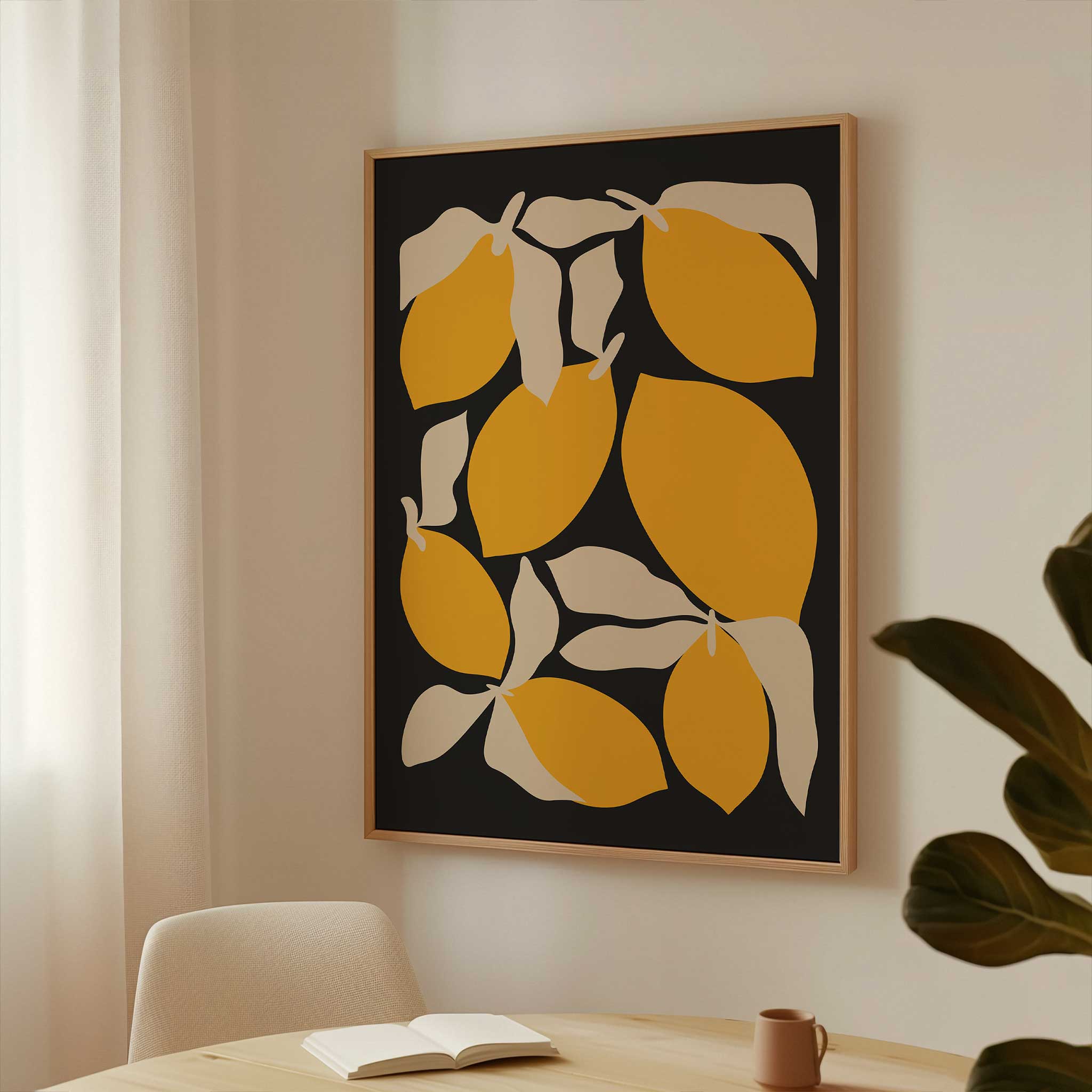 A playful and modern pattern of bold lemons and leaves, cheerful wall decor for a kitchen.