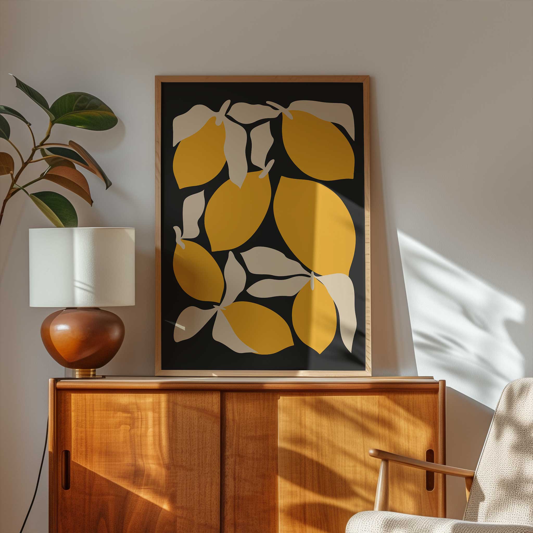 A playful and modern pattern of bold lemons and leaves, cheerful wall decor for a kitchen.