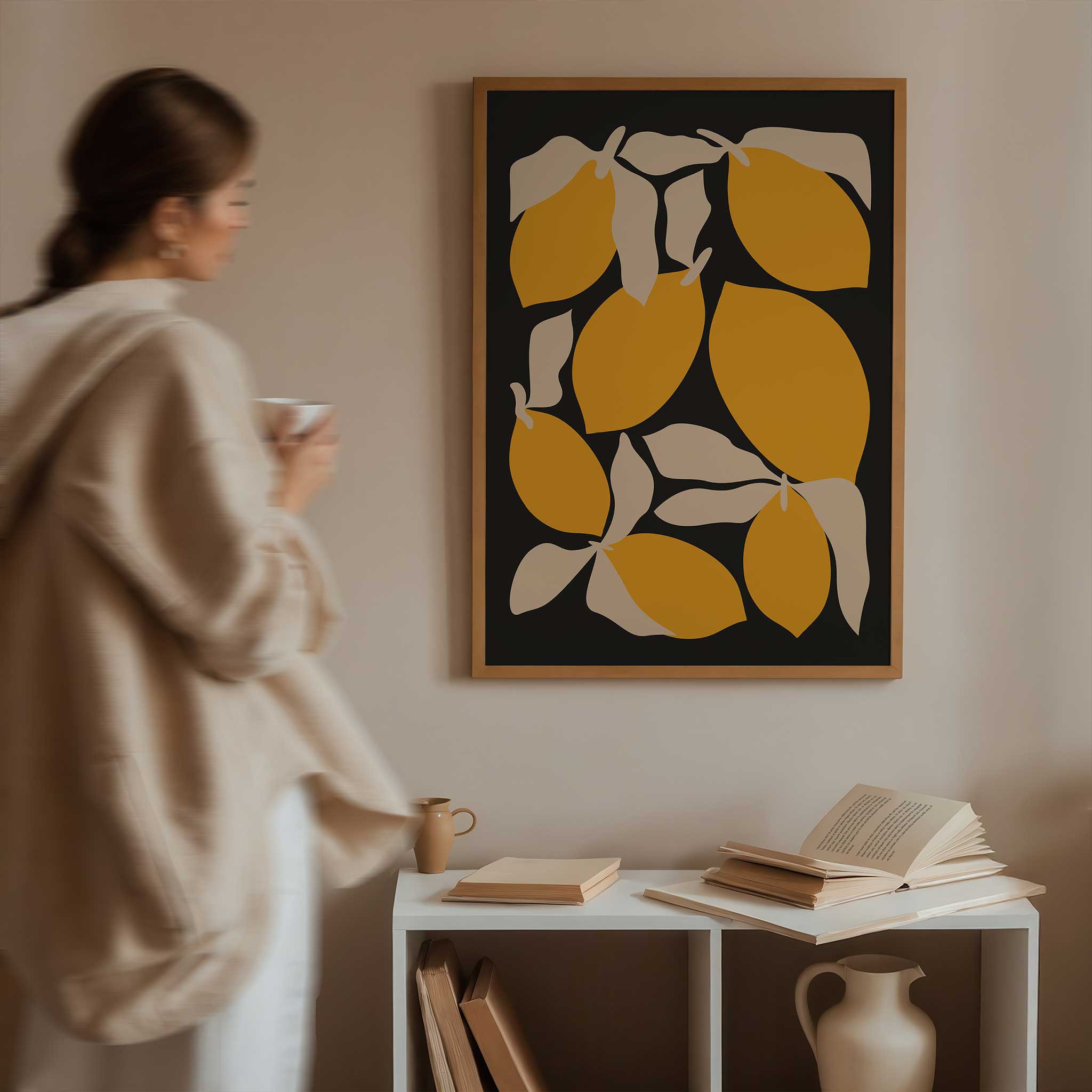 A playful and modern pattern of bold lemons and leaves, cheerful wall decor for a kitchen.