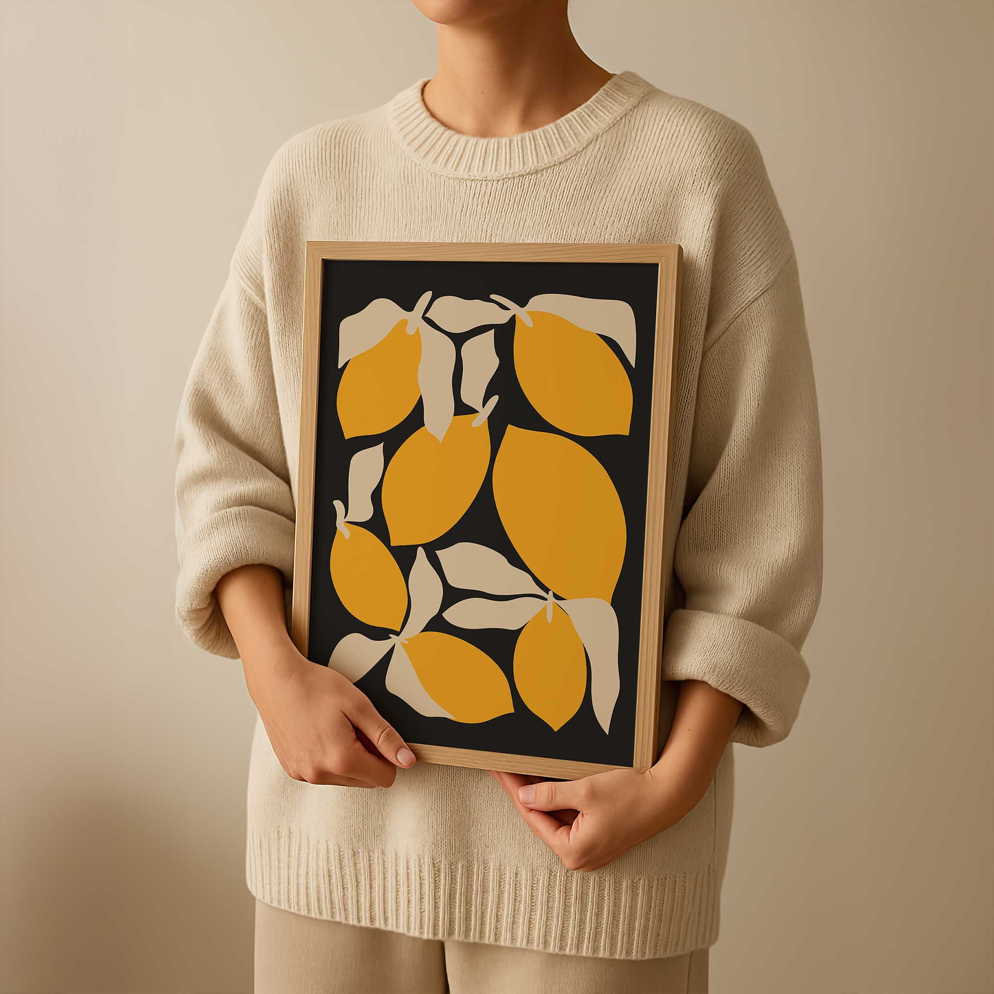 A playful and modern pattern of bold lemons and leaves, cheerful wall decor for a kitchen.
