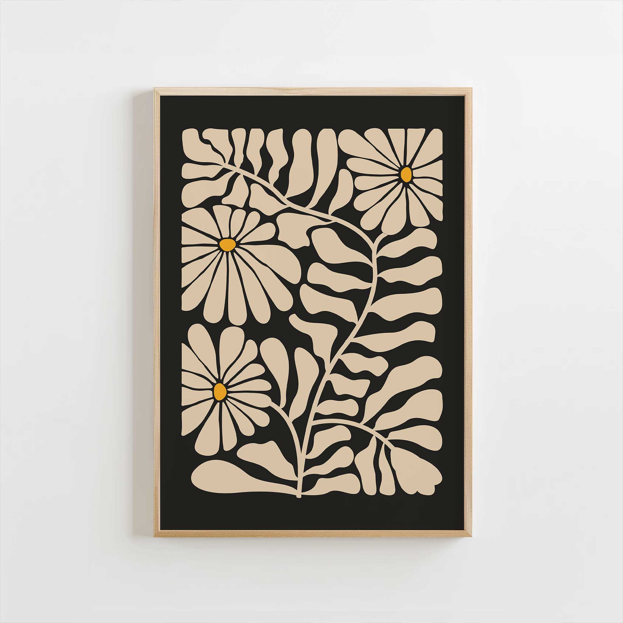 A retro-style floral print with playful daisy blooms in beige and yellow, minimalist wall art.