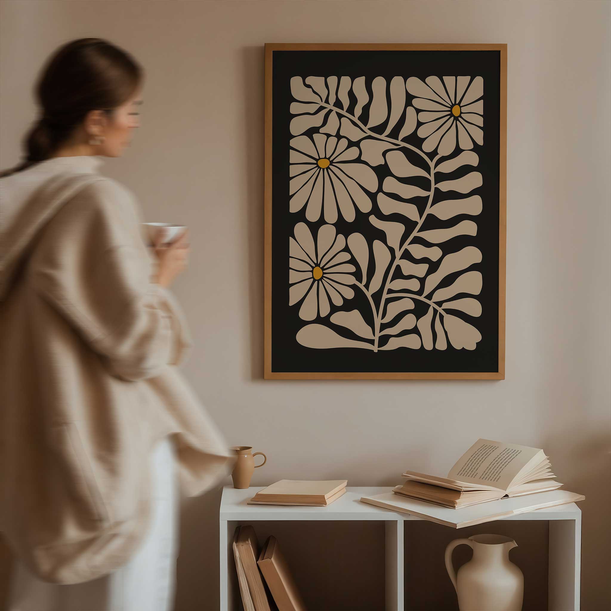 A retro-style floral print with playful daisy blooms in beige and yellow, minimalist wall art.