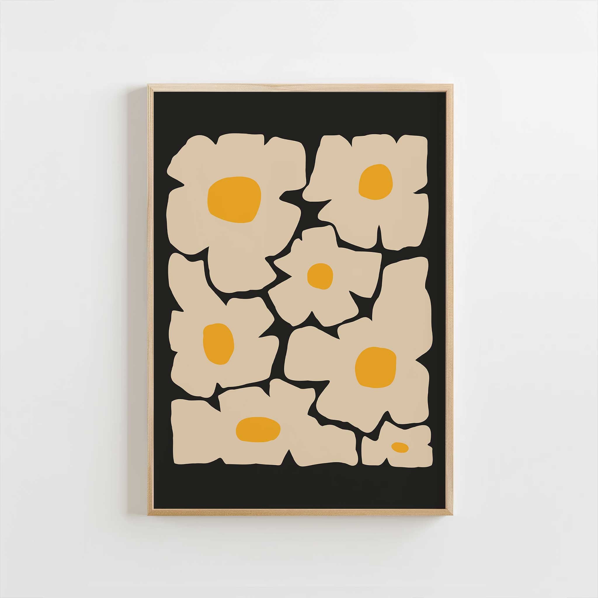 A whimsical and bold art print of a cream-colored daisy with a golden yellow center, retro-modern style.