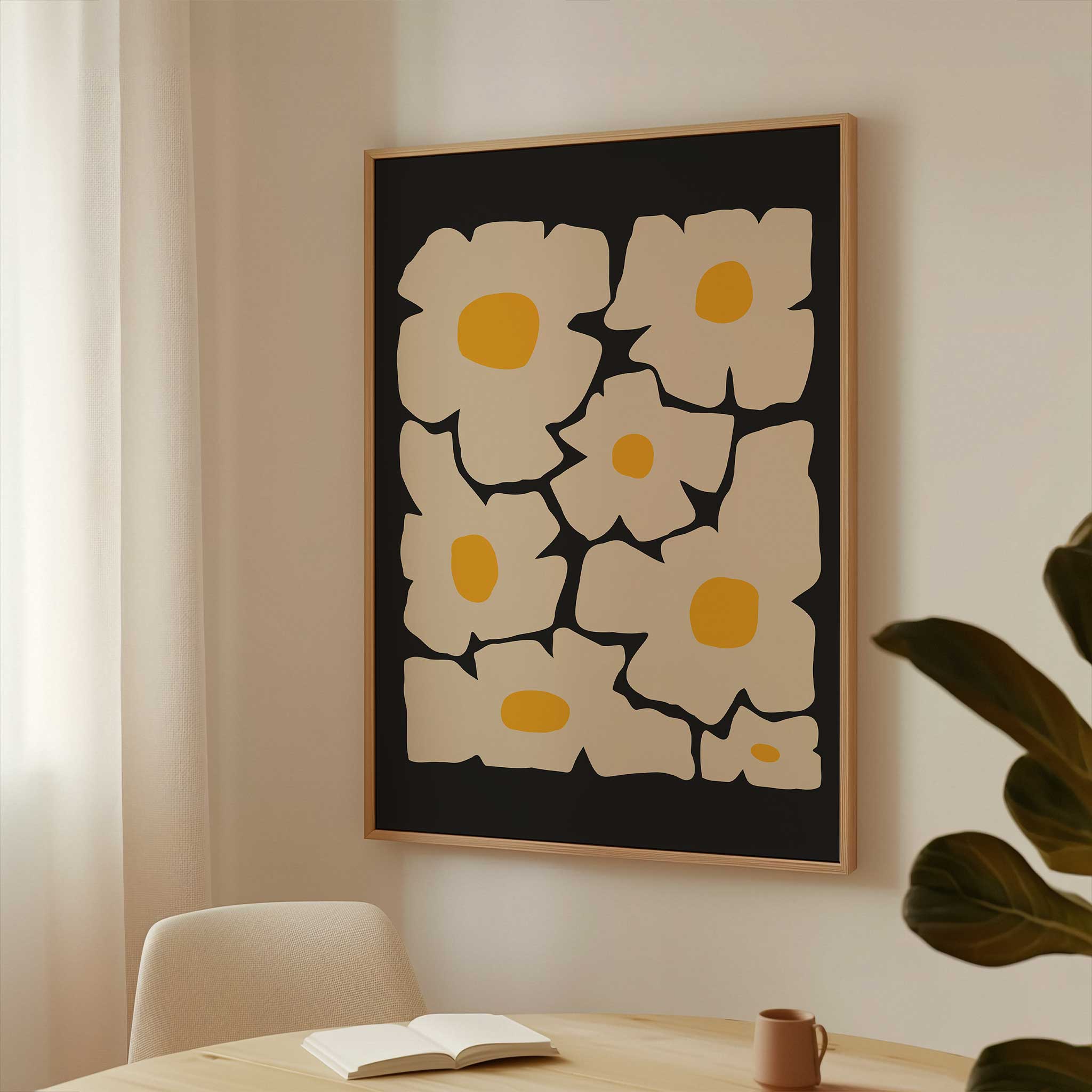 A whimsical and bold art print of a cream-colored daisy with a golden yellow center, retro-modern style.