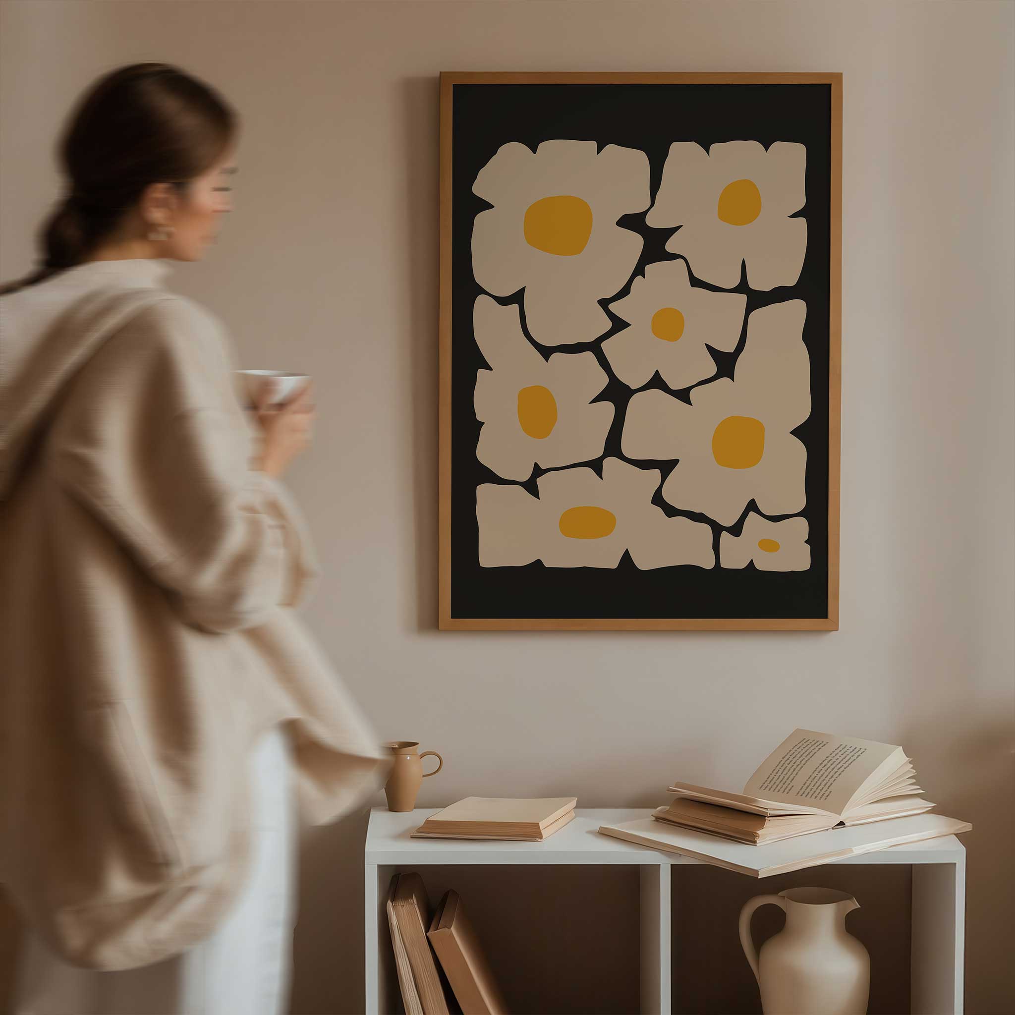 A whimsical and bold art print of a cream-colored daisy with a golden yellow center, retro-modern style.