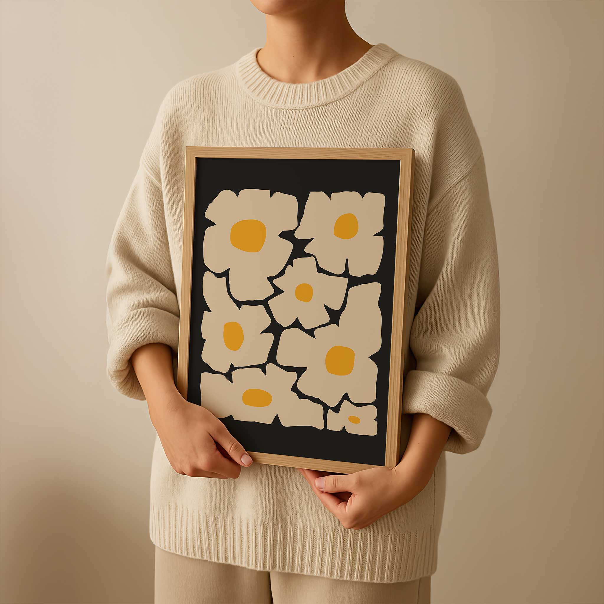 A whimsical and bold art print of a cream-colored daisy with a golden yellow center, retro-modern style.