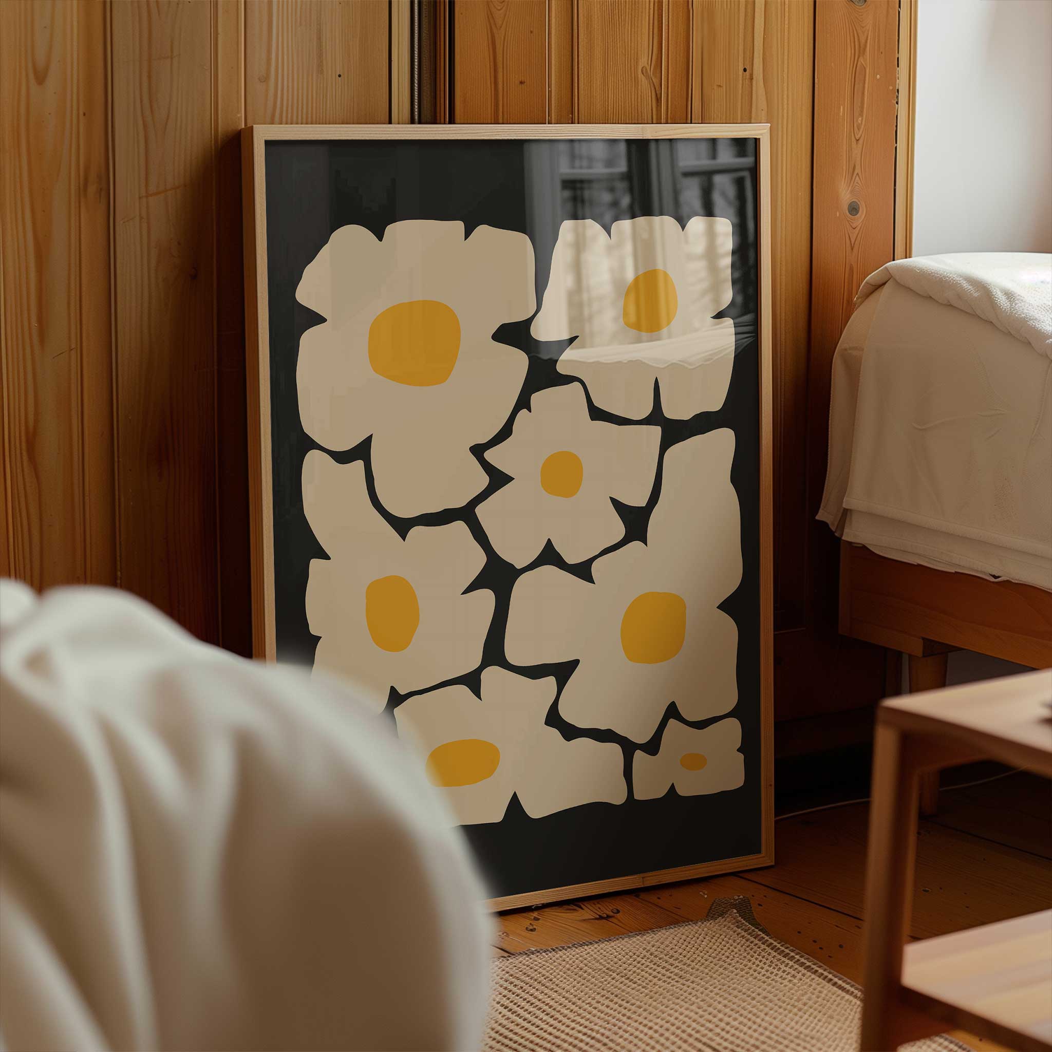 A whimsical and bold art print of a cream-colored daisy with a golden yellow center, retro-modern style.
