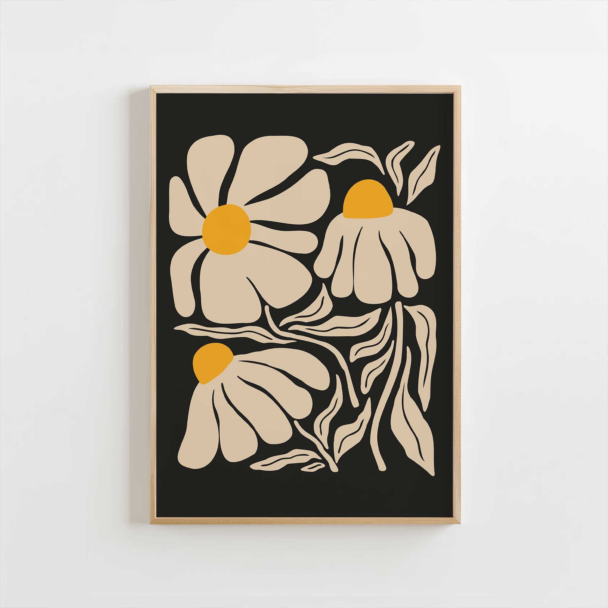 A minimal art print of a chamomile flower in cream and yellow with a vintage botanical feel.