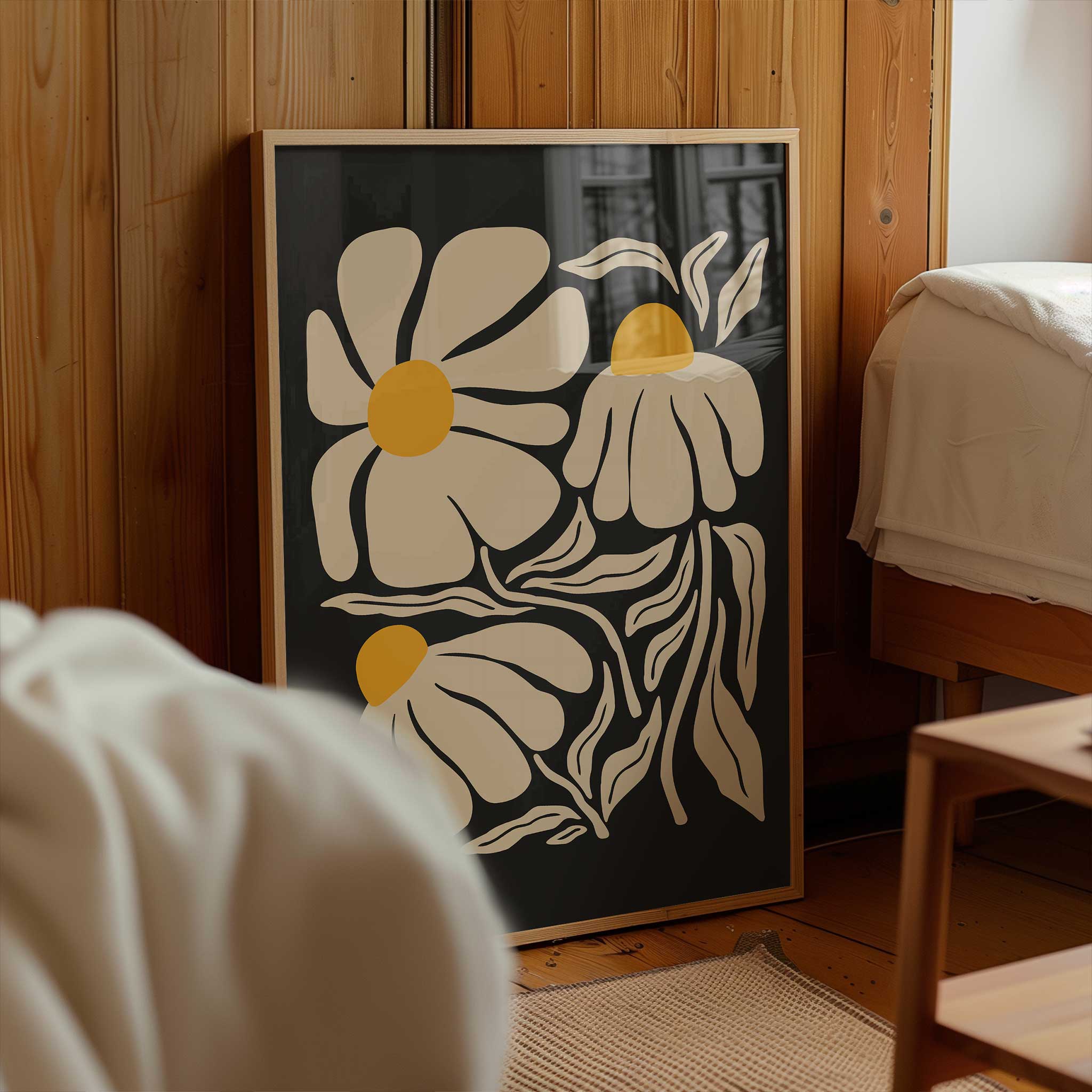 A minimal art print of a chamomile flower in cream and yellow with a vintage botanical feel.
