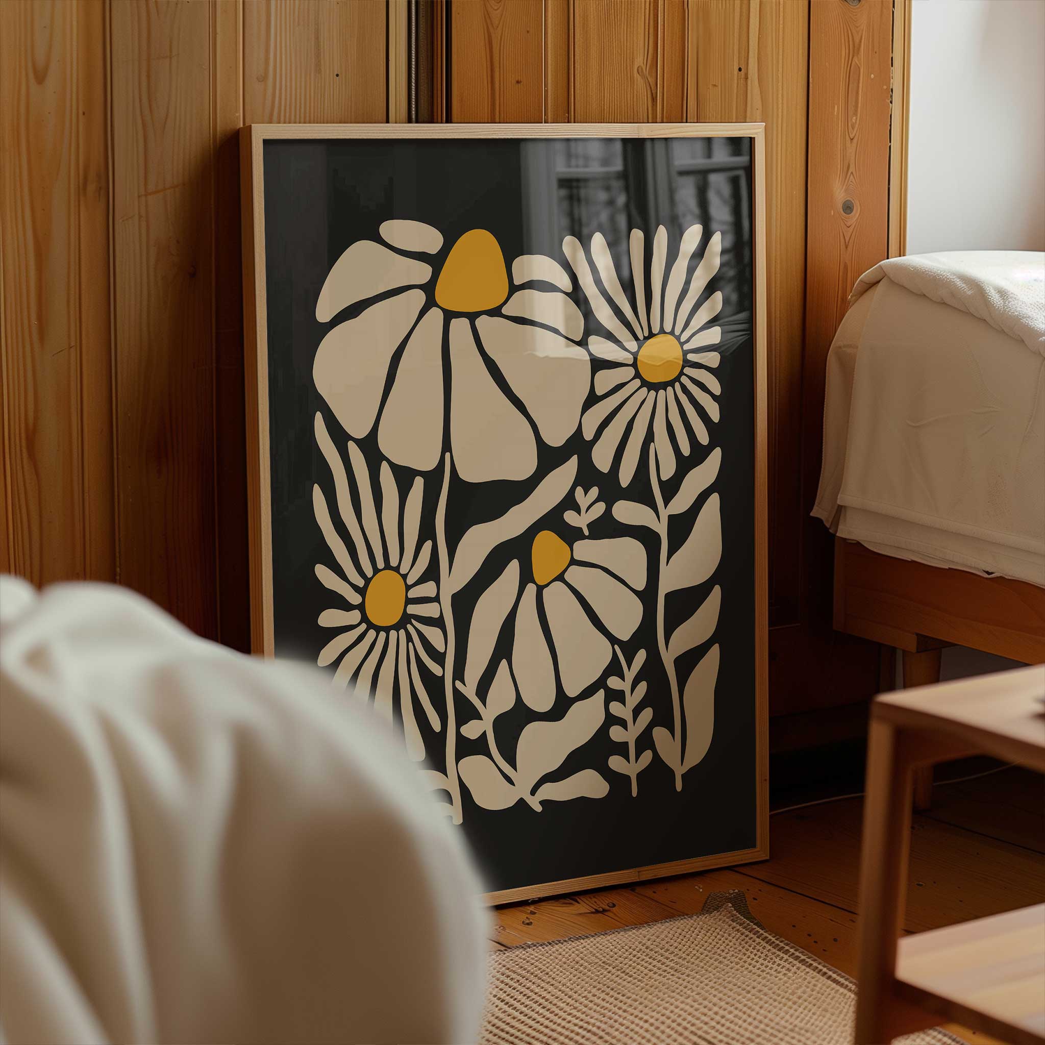 A vibrant, contemporary art print of chamomile-inspired flowers in cream and yellow.