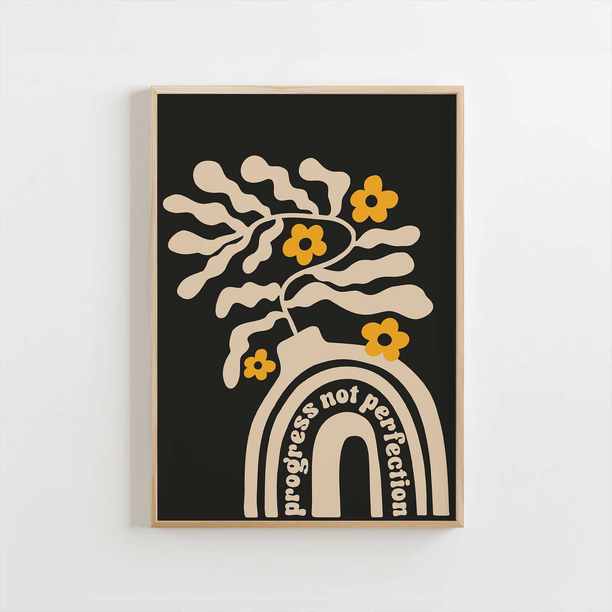 A motivational print blending playful floral shapes and a retro vase with the quote 'Progress Not Perfection'.