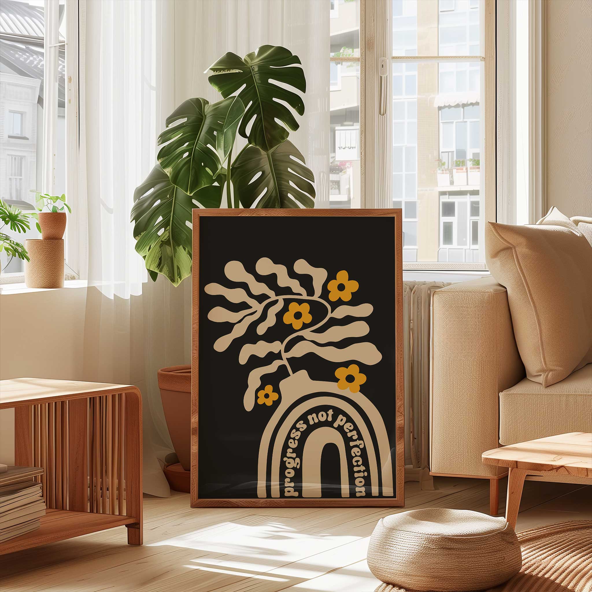 A motivational print blending playful floral shapes and a retro vase with the quote 'Progress Not Perfection'.