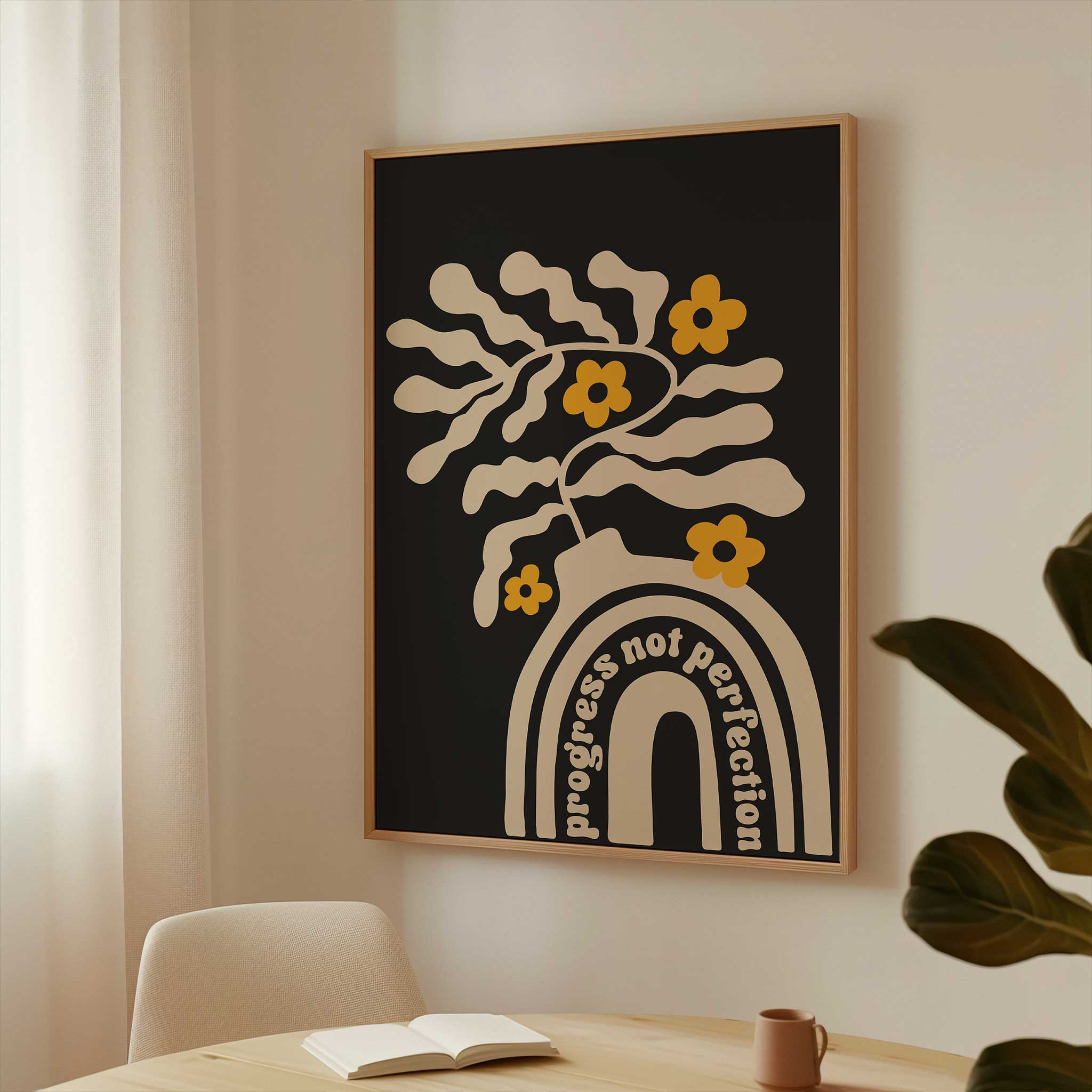 A motivational print blending playful floral shapes and a retro vase with the quote 'Progress Not Perfection'.