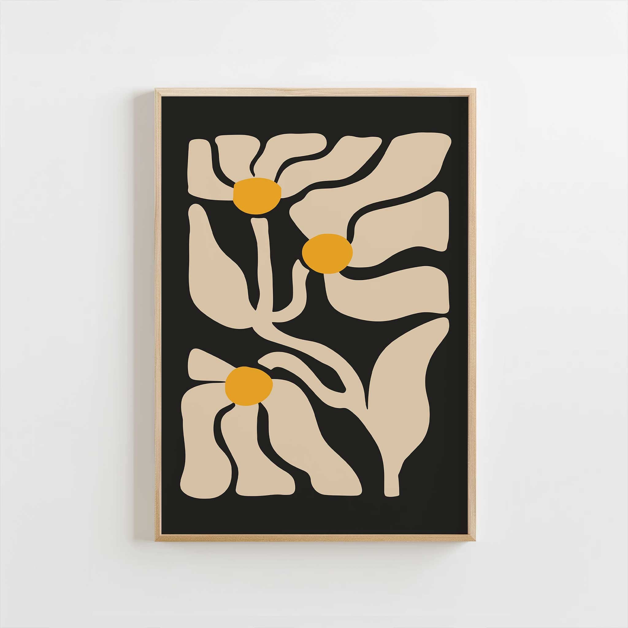 A playful retro print of three daisies with flowing lines and sunny yellow centers.